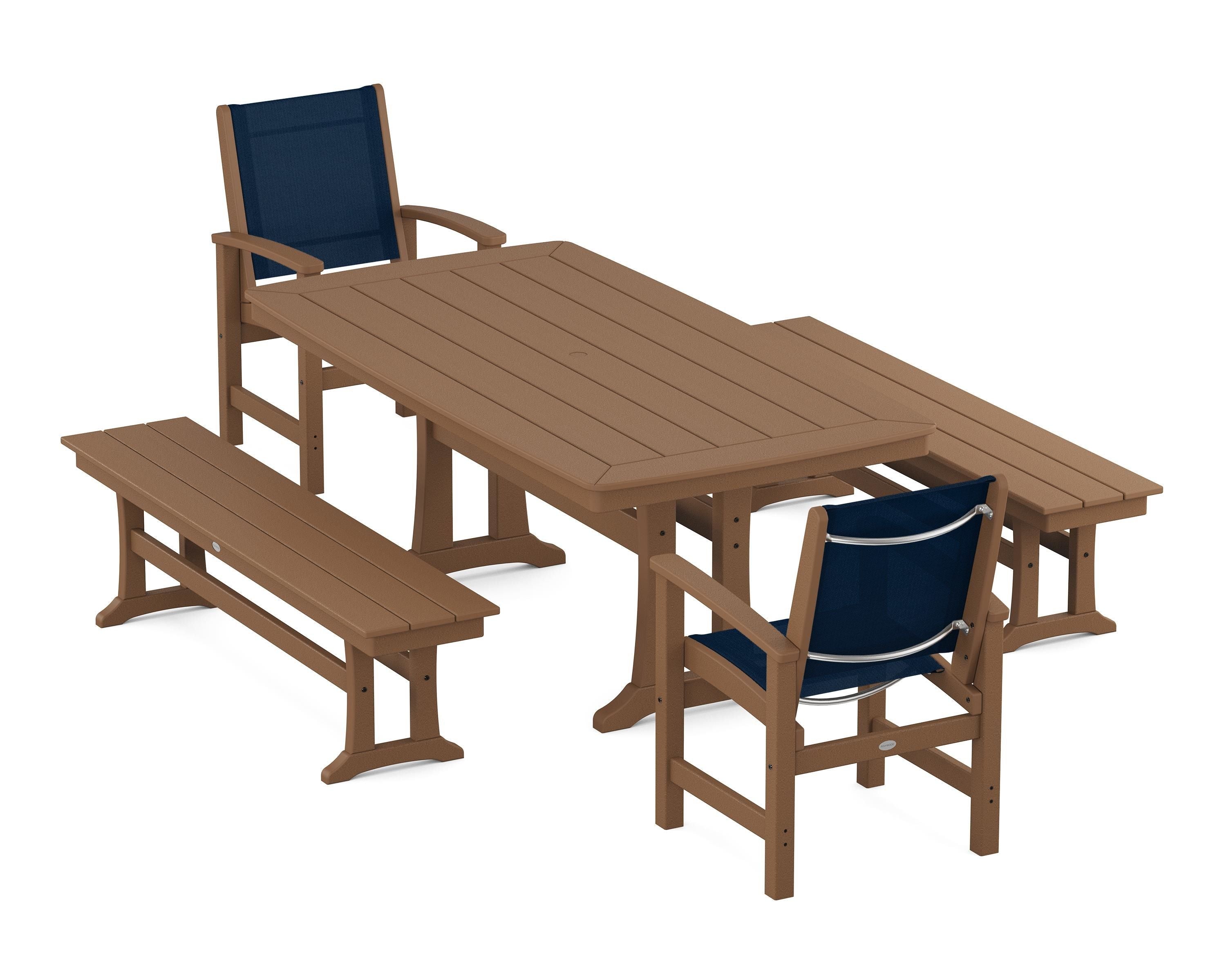 POLYWOOD Coastal 5-Piece Dining Set with Trestle Legs and Benches in Teak / Navy Blue Sling