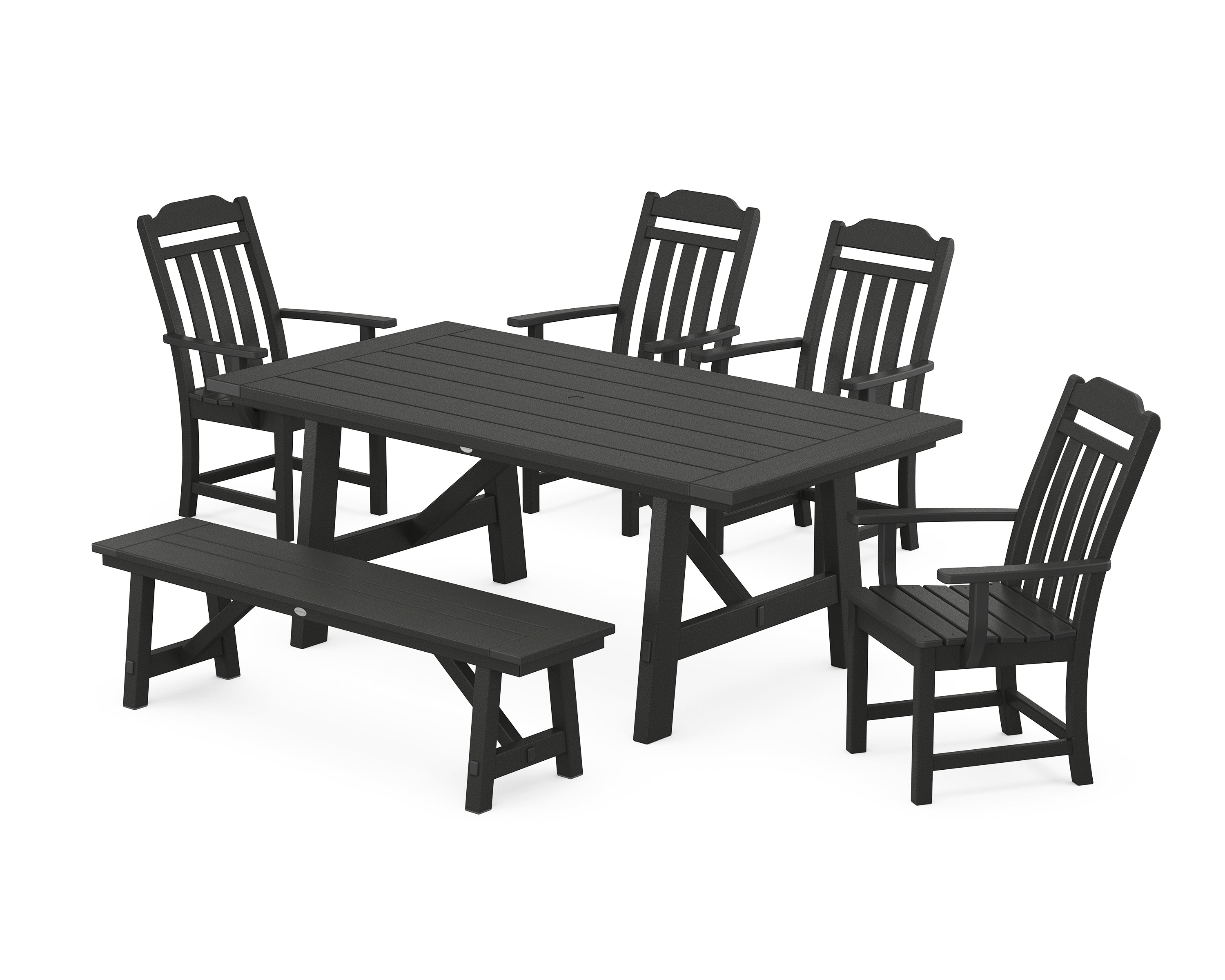 Polywood Country Living 6-Piece Rustic Farmhouse Dining Set with Bench in Black