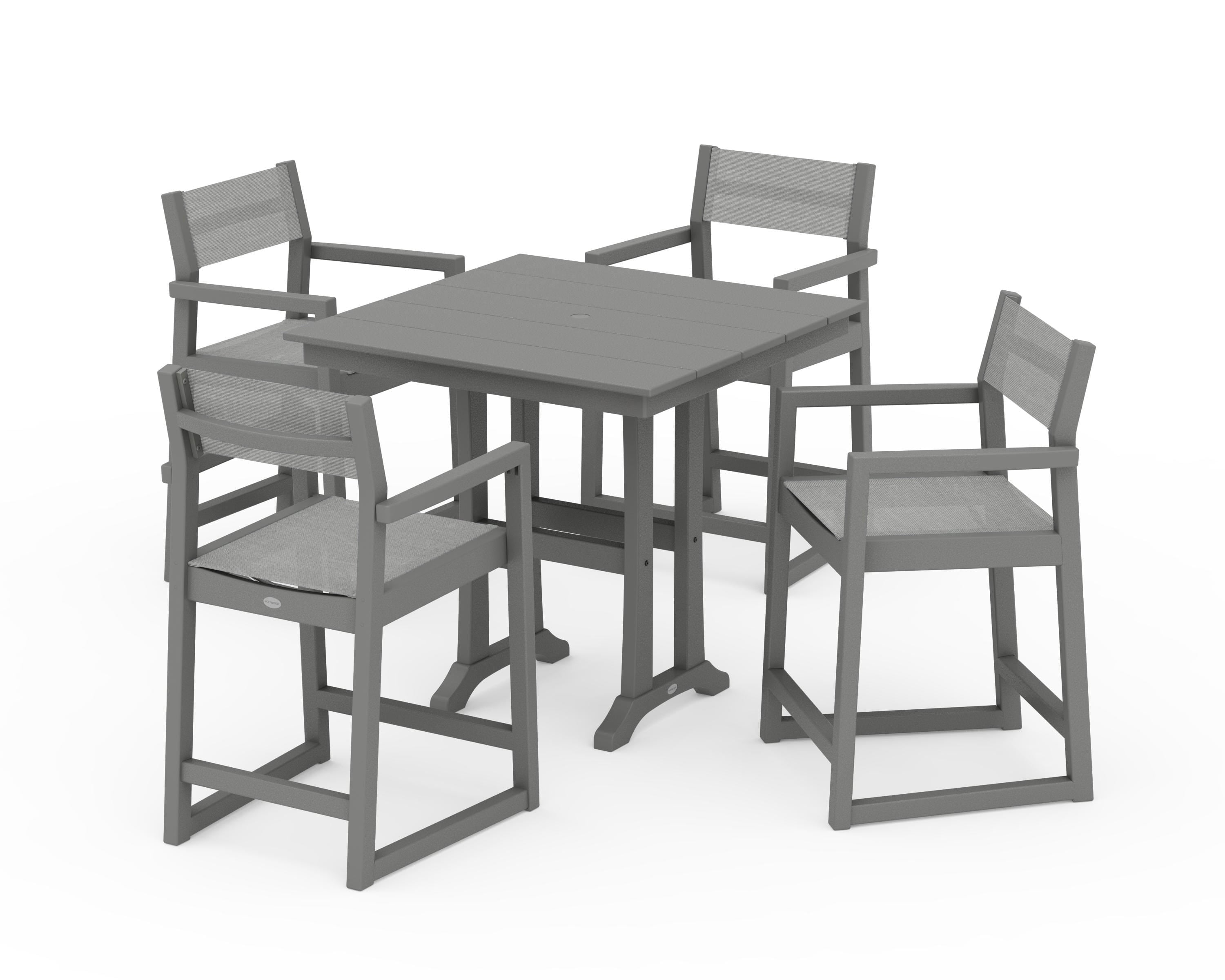 POLYWOOD EDGE Sling Arm Chair 5-Piece Farmhouse Counter Set with Trestle Legs in Slate Grey / Metallic Sling