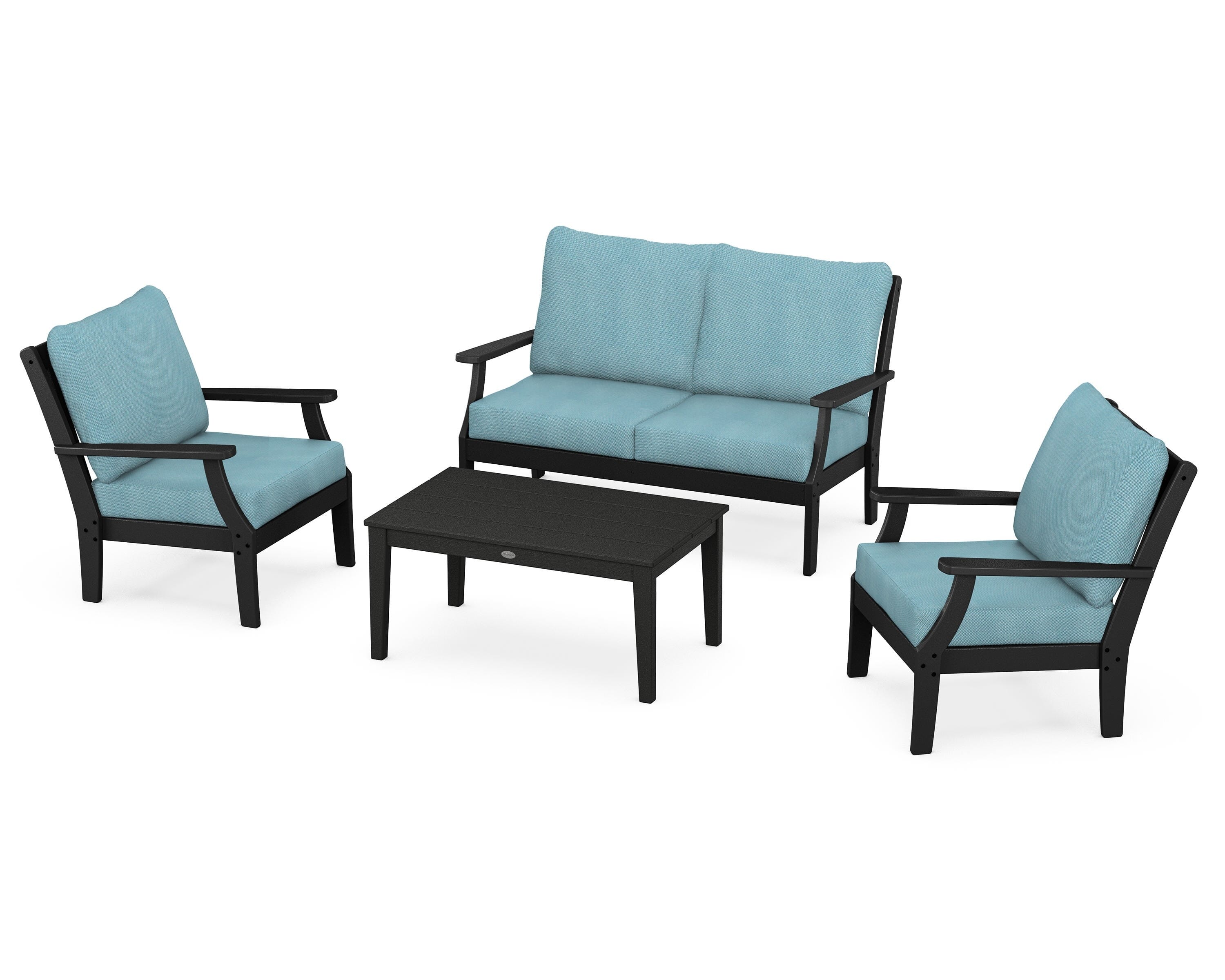POLYWOOD Braxton 4-Piece Deep Seating Chair Set in Black / Lattice Sky Blue