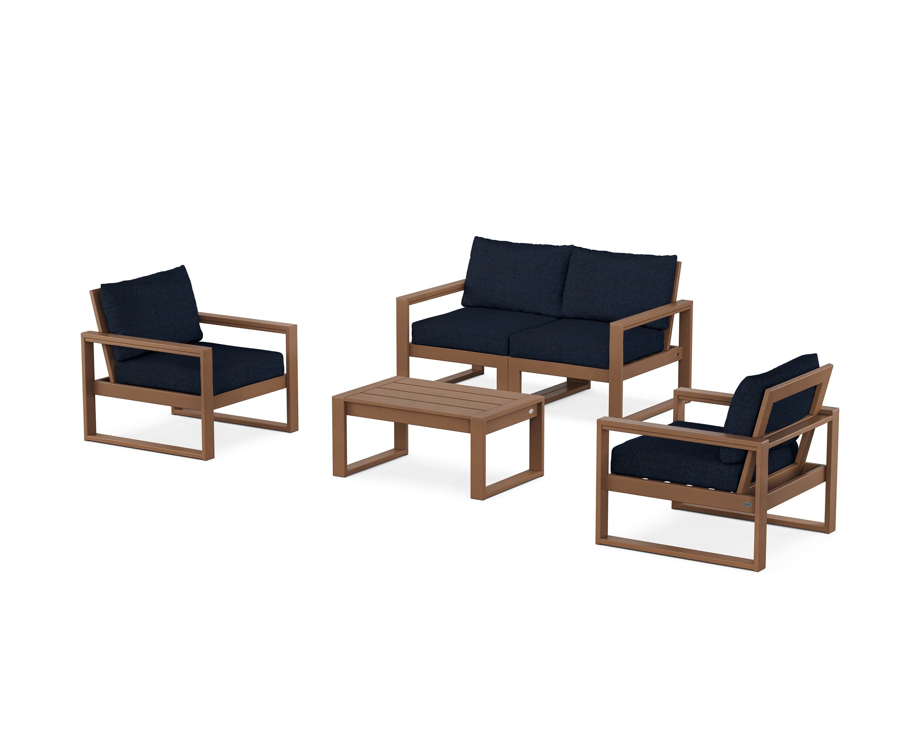 POLYWOOD EDGE Sectional 4-Piece Deep Seating Set with Loveseat in Teak / Marine Indigo