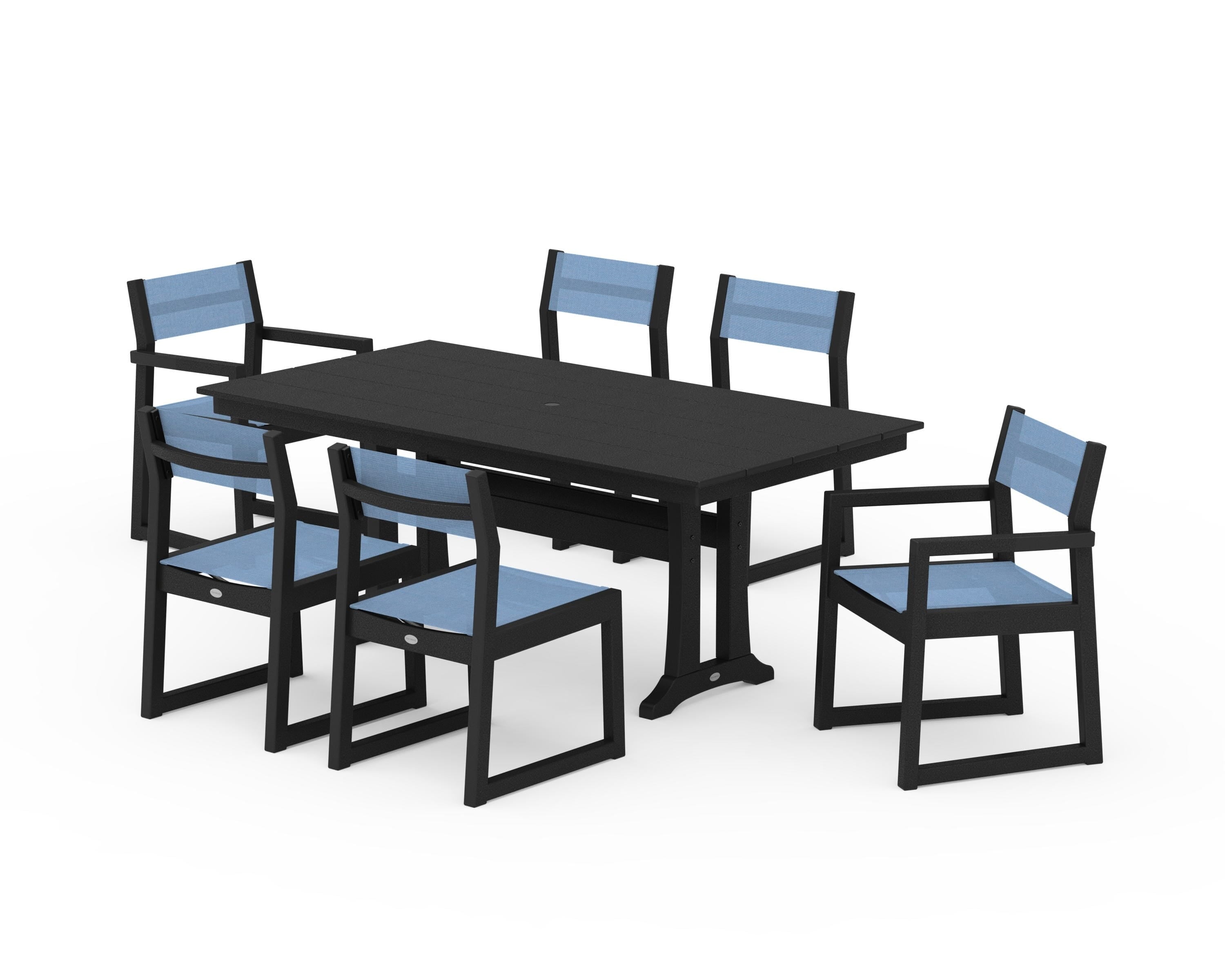 POLYWOOD EDGE Sling 7-Piece Farmhouse Trestle Dining Set in Black / Poolside Sling