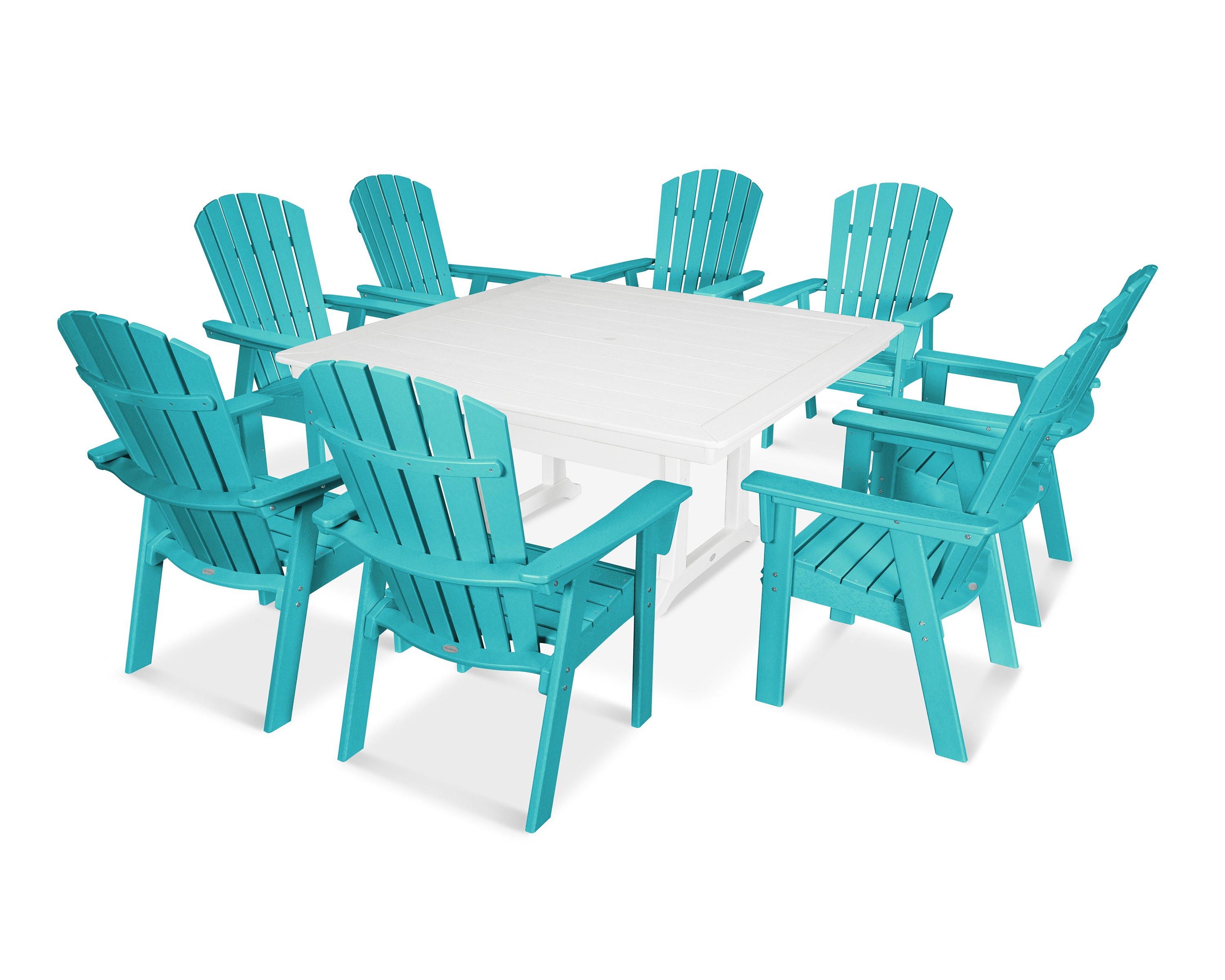 POLYWOOD® Nautical Adirondack 9-Piece Trestle Dining Set in Aruba / White