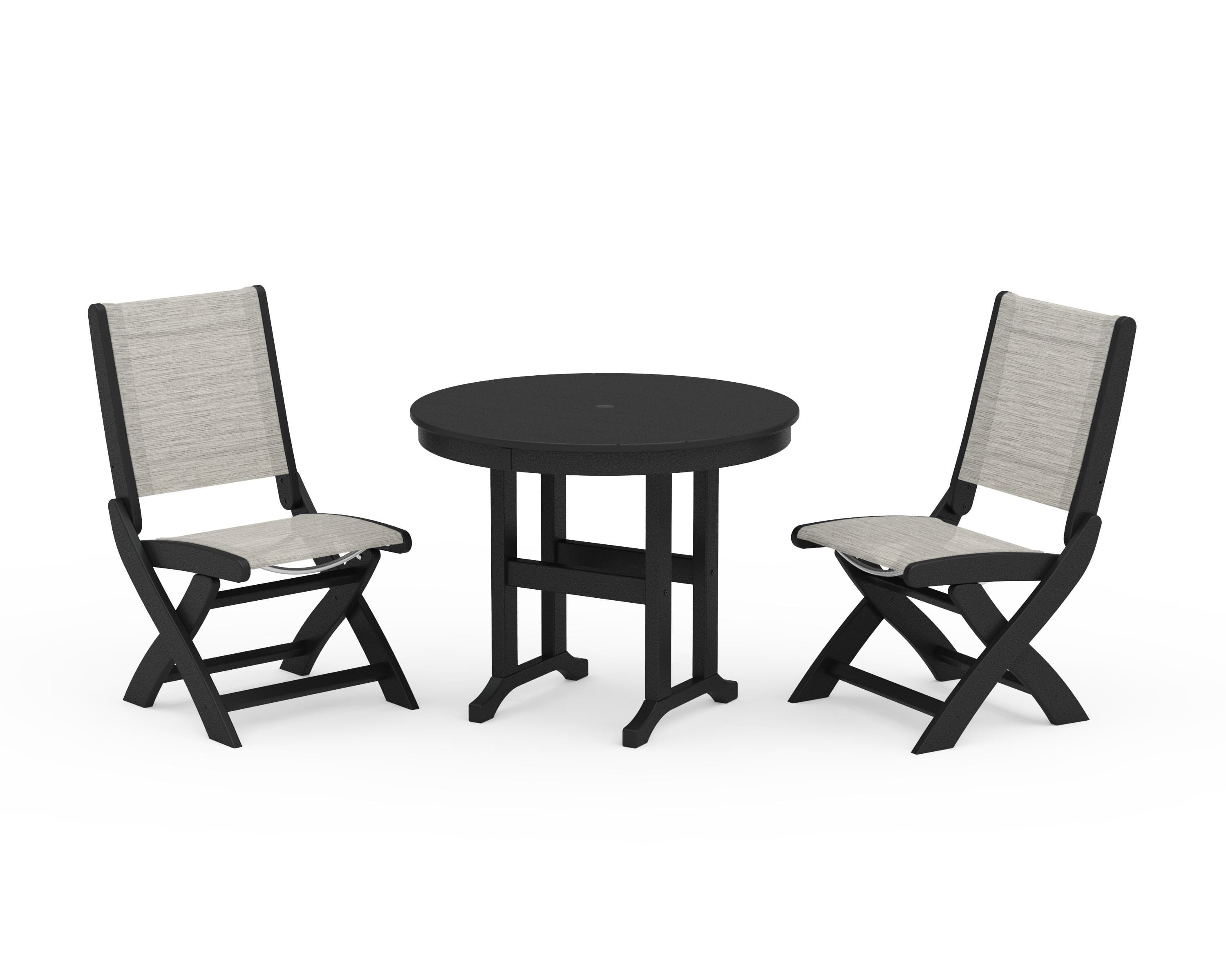 POLYWOOD Coastal Folding Side Chair 3-Piece Round Dining Set in Black / Birch Sling