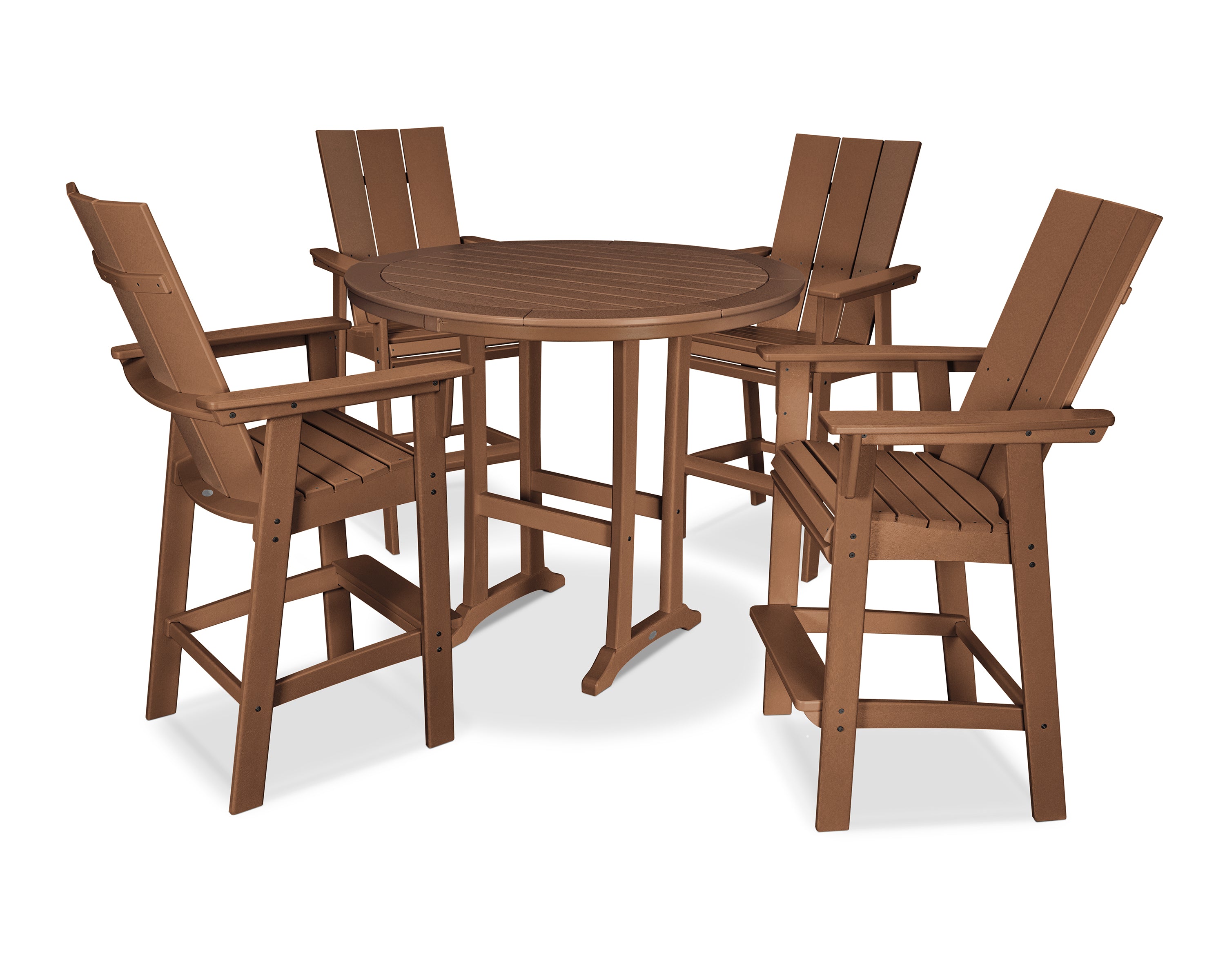 POLYWOOD® Modern Curveback Adirondack 5-Piece Nautical Trestle Bar Set in Teak