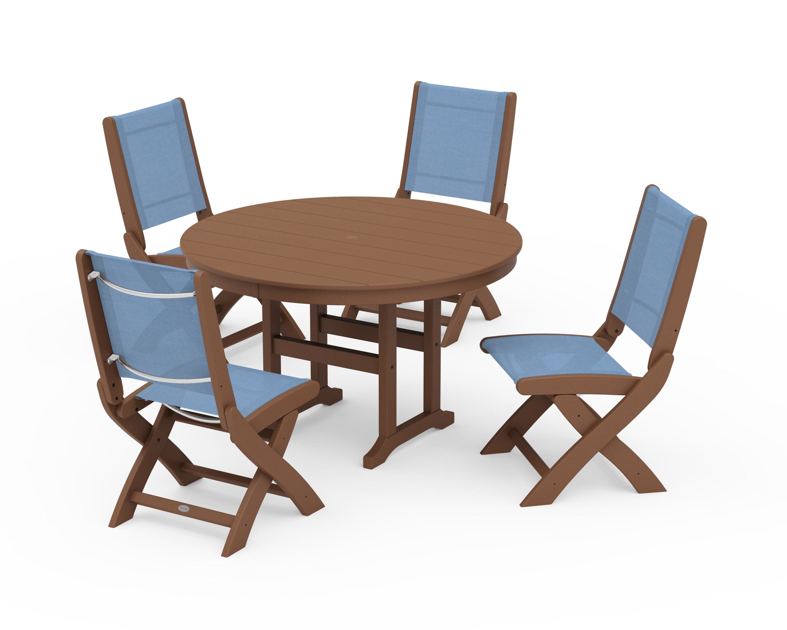 POLYWOOD Coastal Folding Side Chair 5-Piece Round Dining Set in Teak / Poolside Sling
