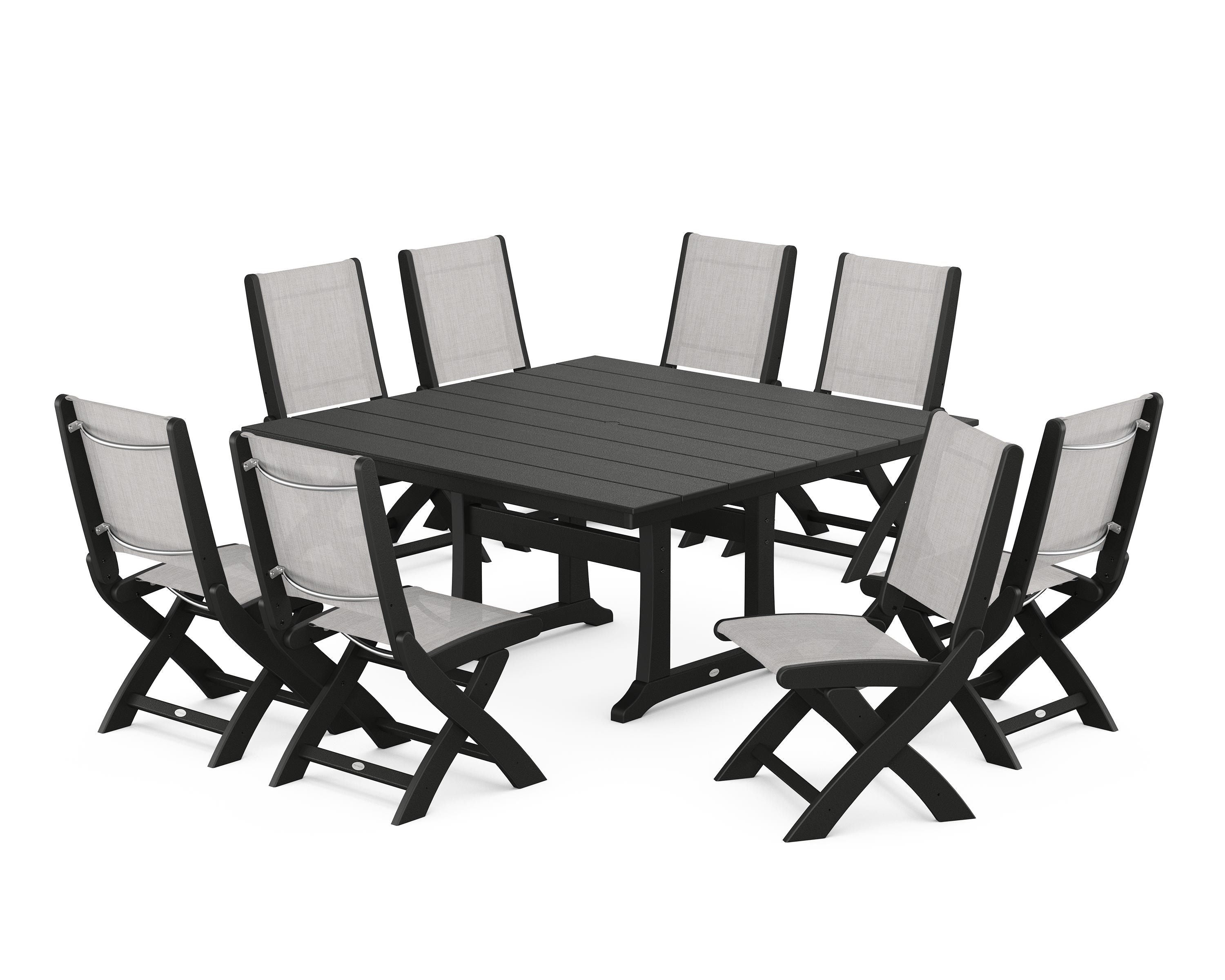 POLYWOOD Coastal Folding Side Chair 9-Piece Farmhouse Dining Set in Black / Parchment Sling