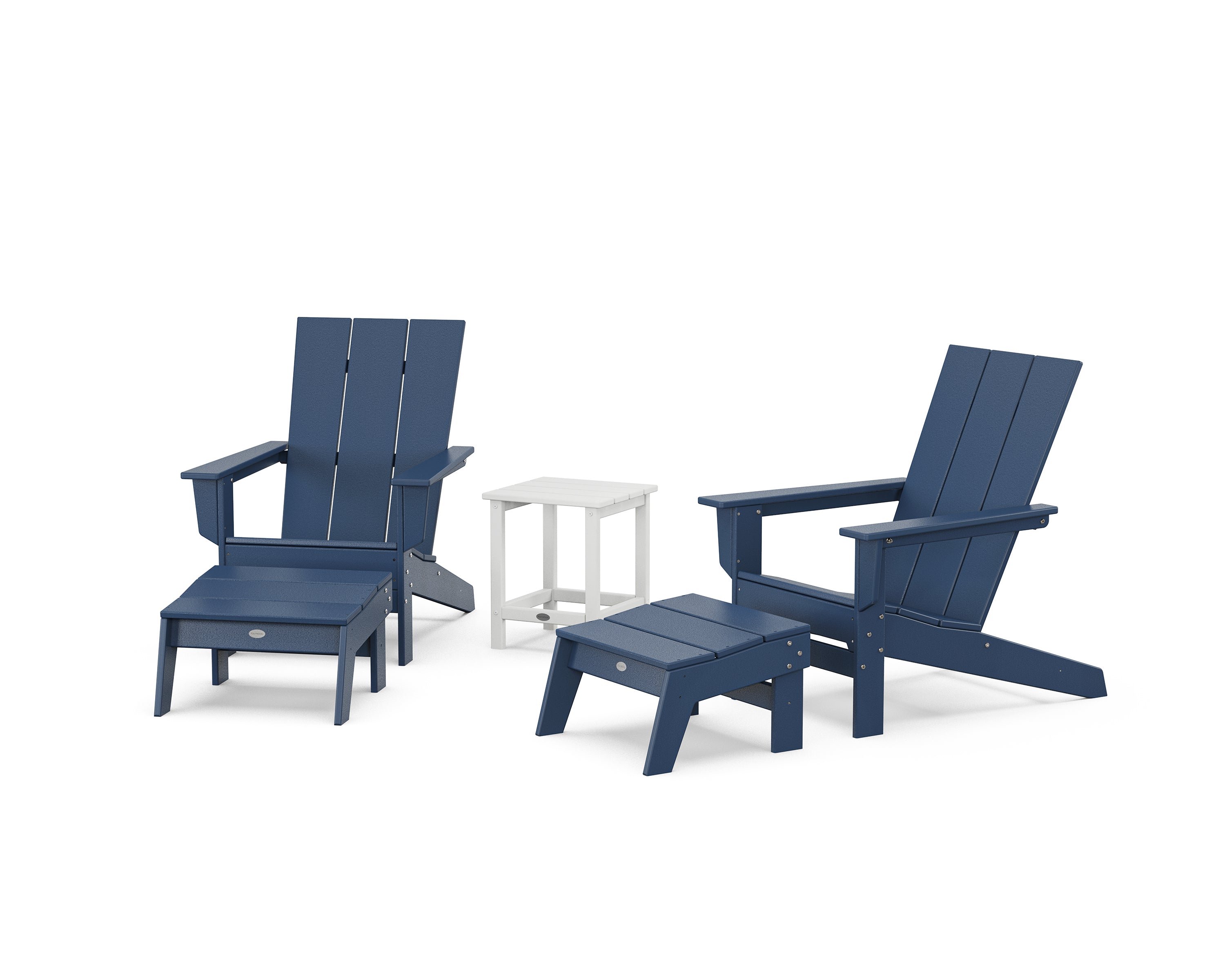POLYWOOD® 5-Piece Modern Studio Adirondack Set with Ottomans and Side Table in Navy / White
