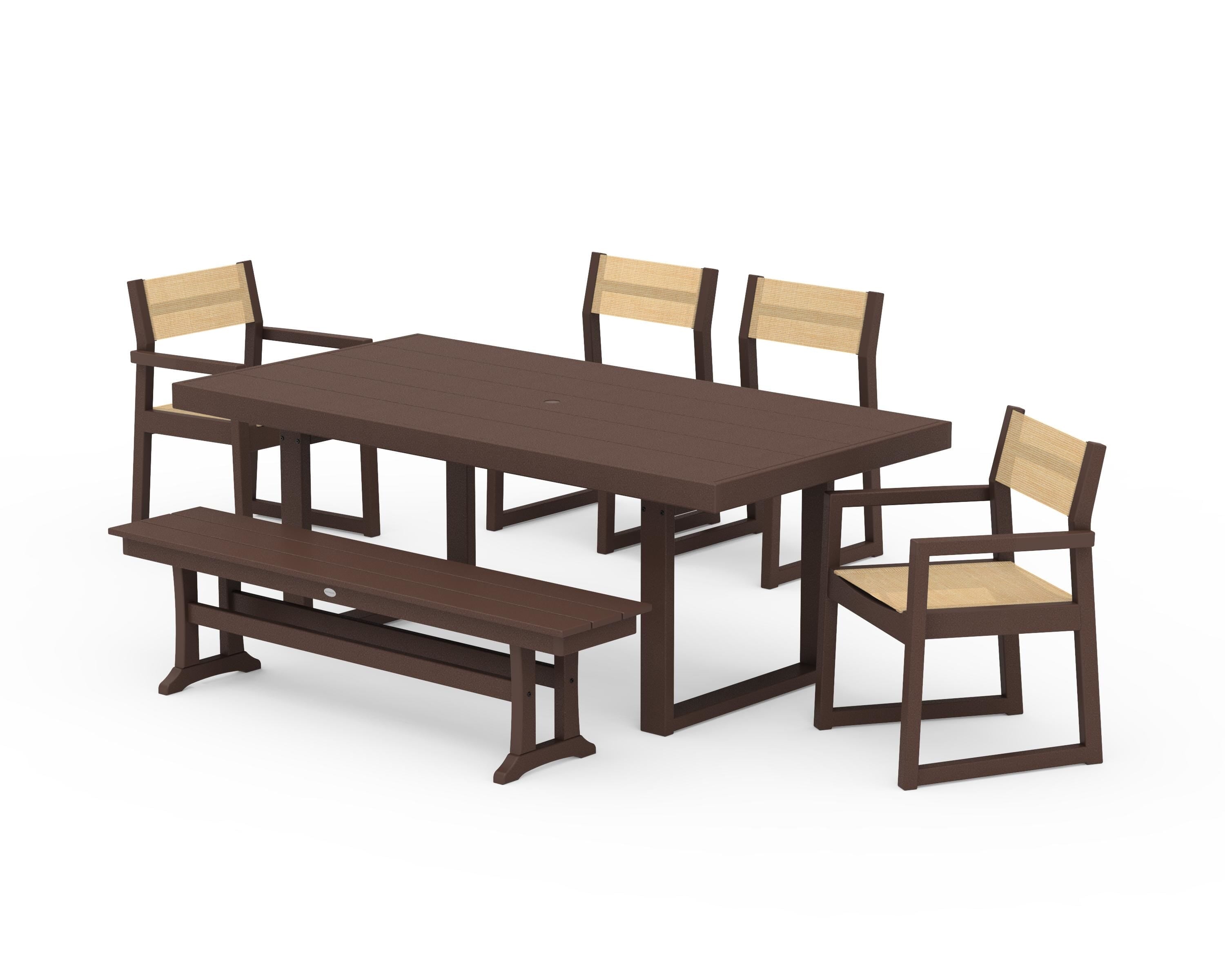 POLYWOOD EDGE Sling 6-Piece Dining Set with Bench in Mahogany / Dupioni Apricot Sling