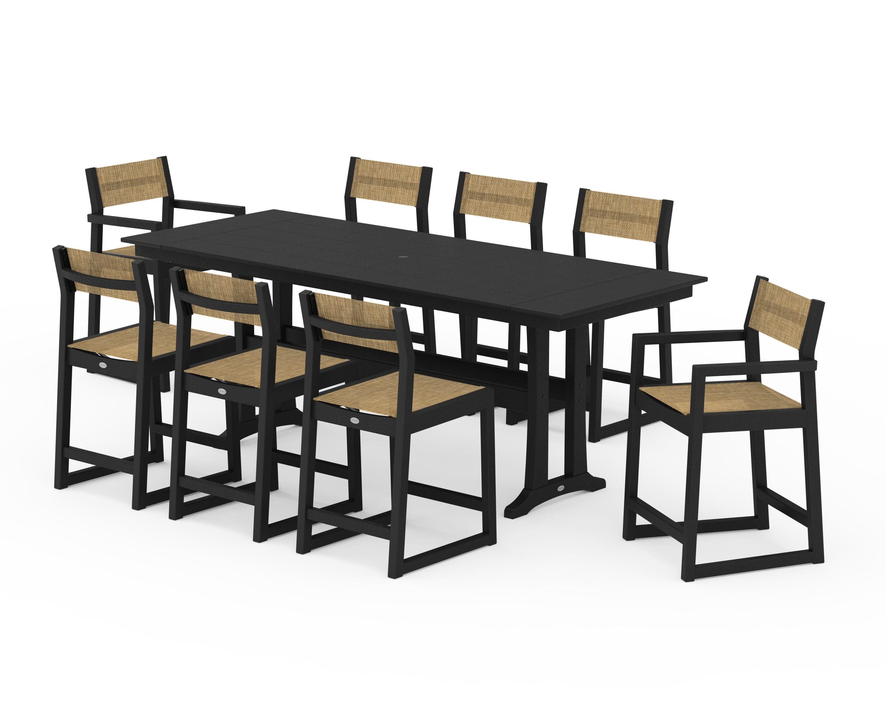 POLYWOOD EDGE Sling 9-Piece Farmhouse Counter Set with Trestle Legs in Black / Burlap Sling