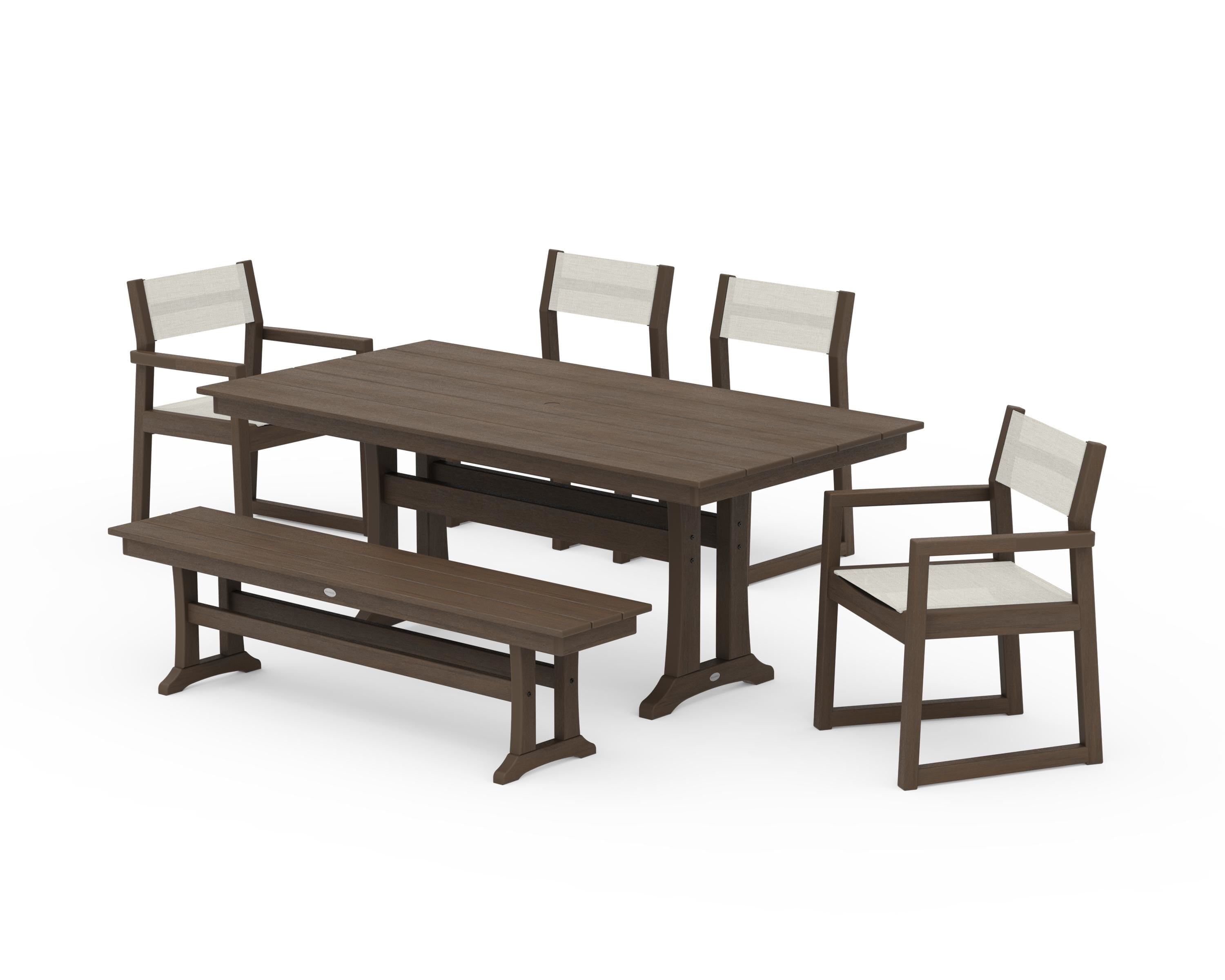 POLYWOOD EDGE Sling 6-Piece Farmhouse Dining Set With Trestle Legs in Kona / Parchment Sling