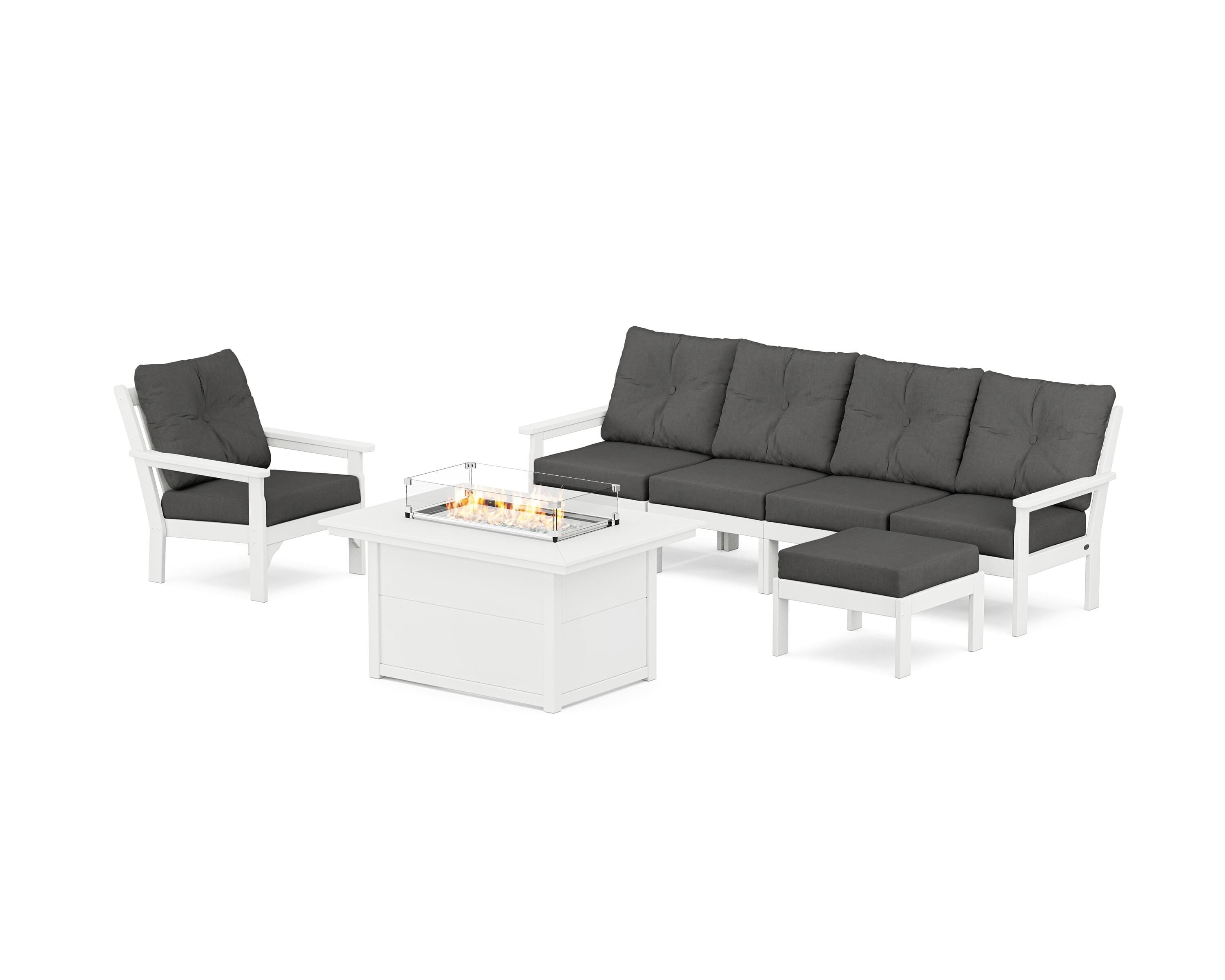POLYWOOD Vineyard Sectional Lounge and Fire Pit Set in White / Spectrum Carbon