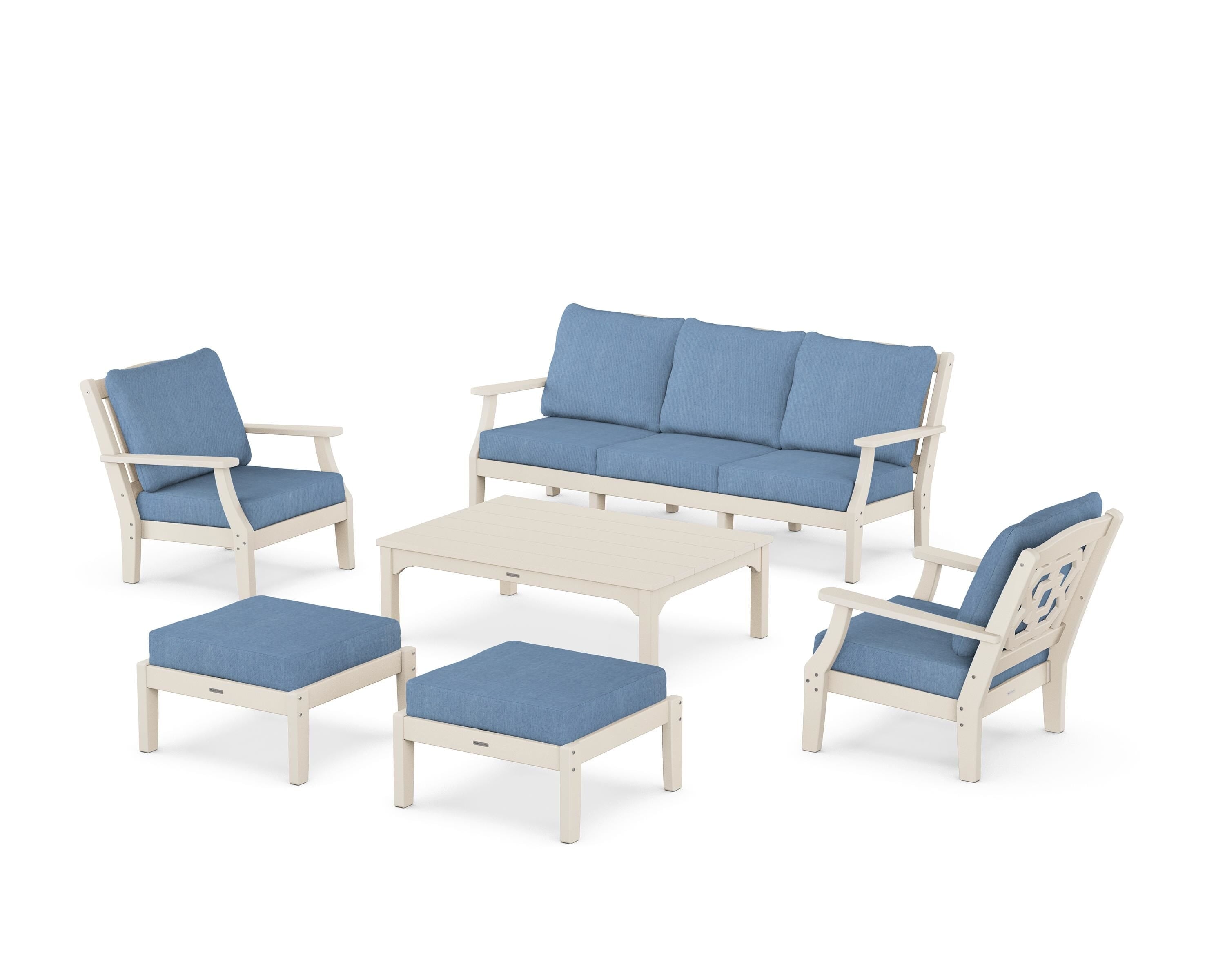 Martha Stewart by POLYWOOD Chinoiserie 6-Piece Lounge Sofa Set in Sand / Sky Blue