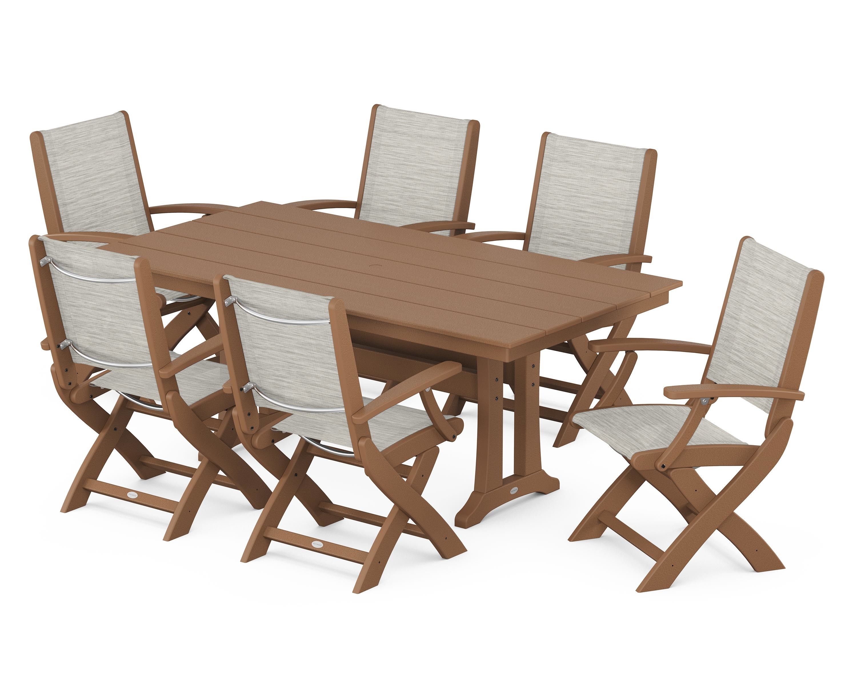 POLYWOOD Coastal Folding Arm Chair 7-Piece Farmhouse Dining Set with Trestle Legs in Teak / Birch Sling
