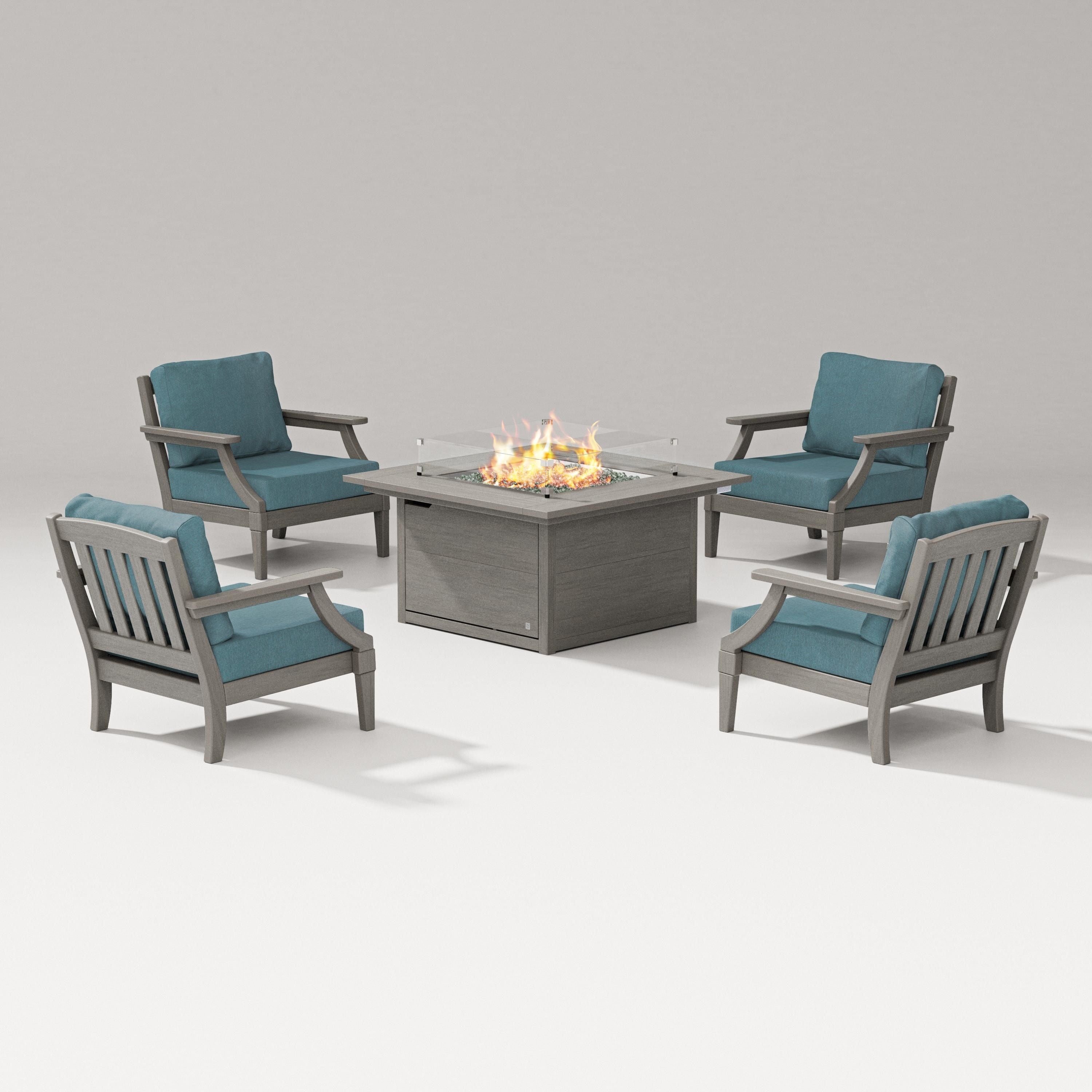 PW Designer Series Estate 5-Piece Lounge Fire Table Set in Driftwood / Ocean Teal