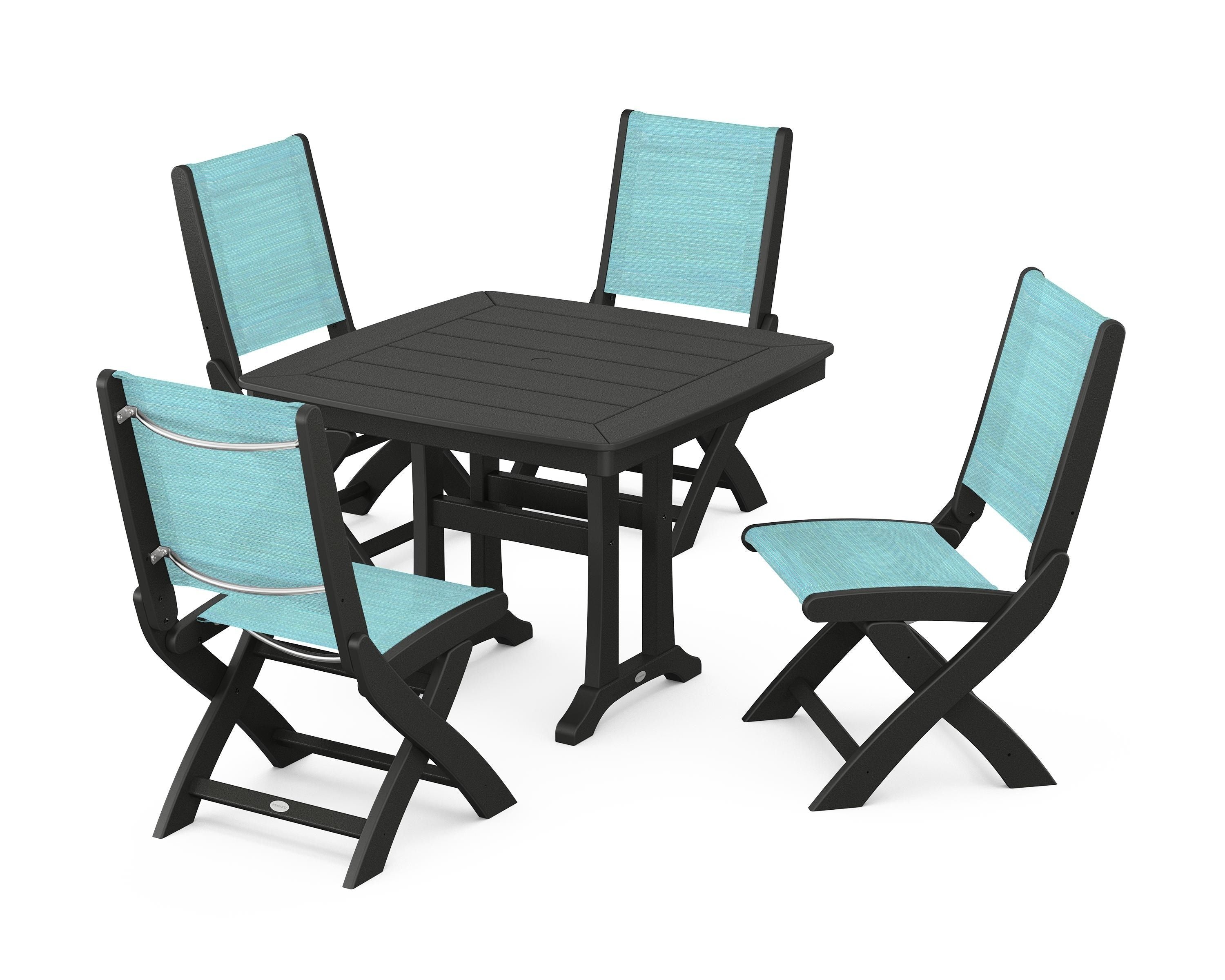 POLYWOOD Coastal Folding Side Chair 5-Piece Dining Set with Trestle Legs in Black / Dupioni Aquamarine Sling