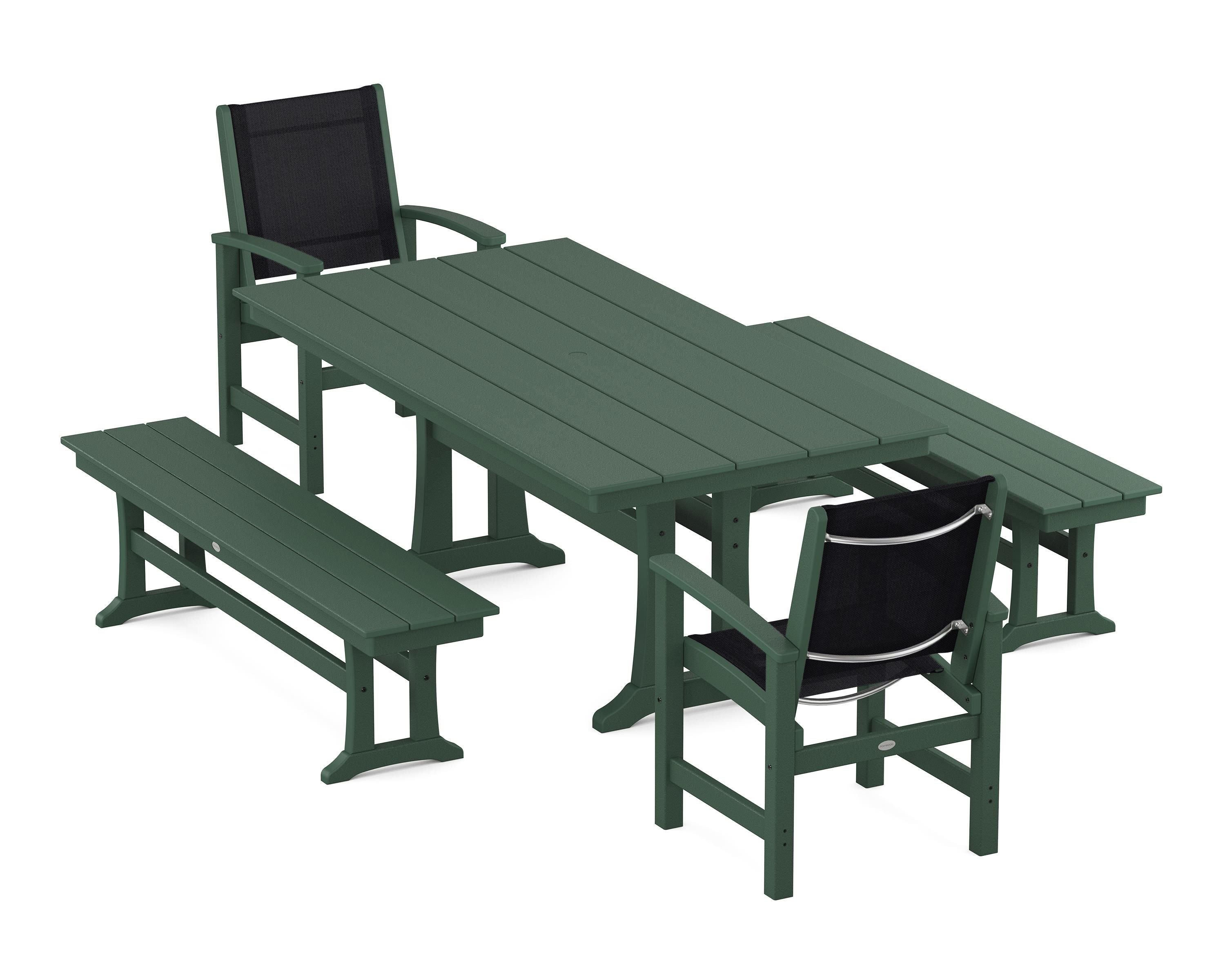 POLYWOOD Coastal 5-Piece Farmhouse Dining Set with Trestle Legs and Benches in Green / Black Sling