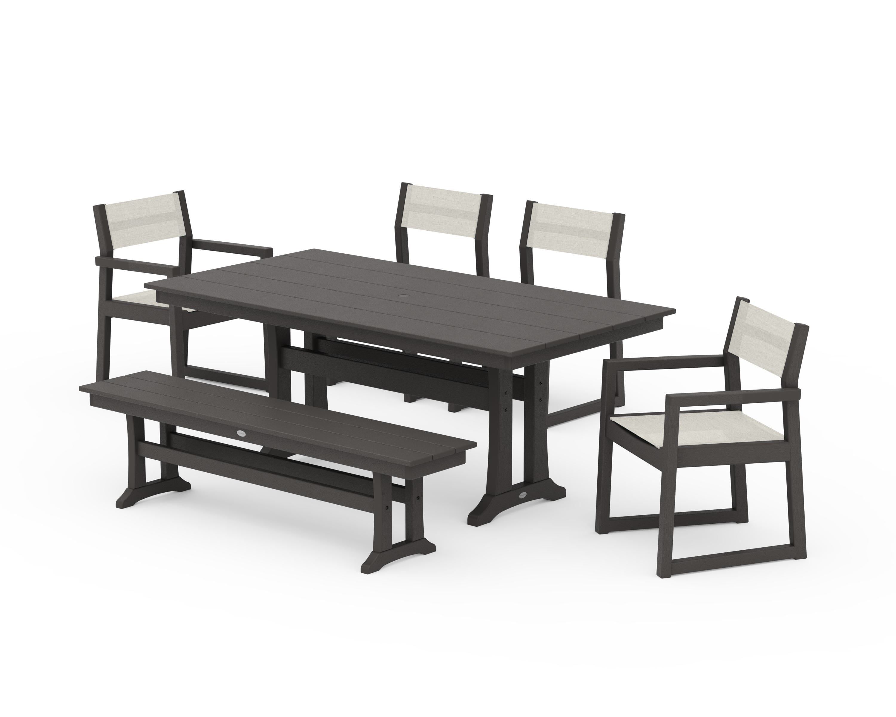 POLYWOOD EDGE Sling 6-Piece Farmhouse Dining Set With Trestle Legs in Vintage Coffee / Parchment Sling