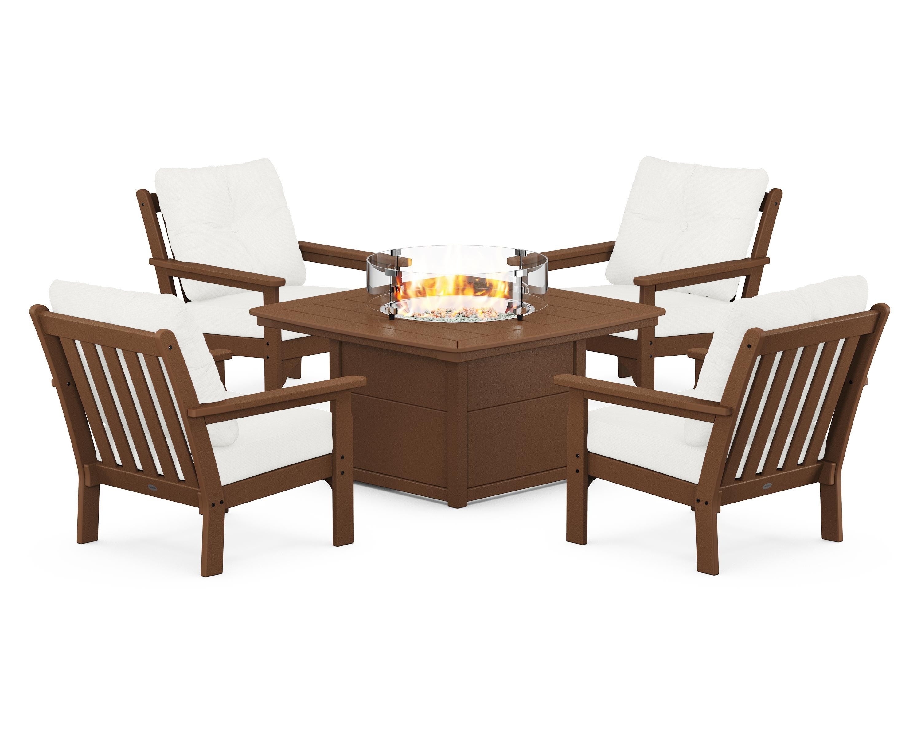POLYWOOD Vineyard 5-Piece Conversation Set with Fire Pit Table in Teak / Natural Linen