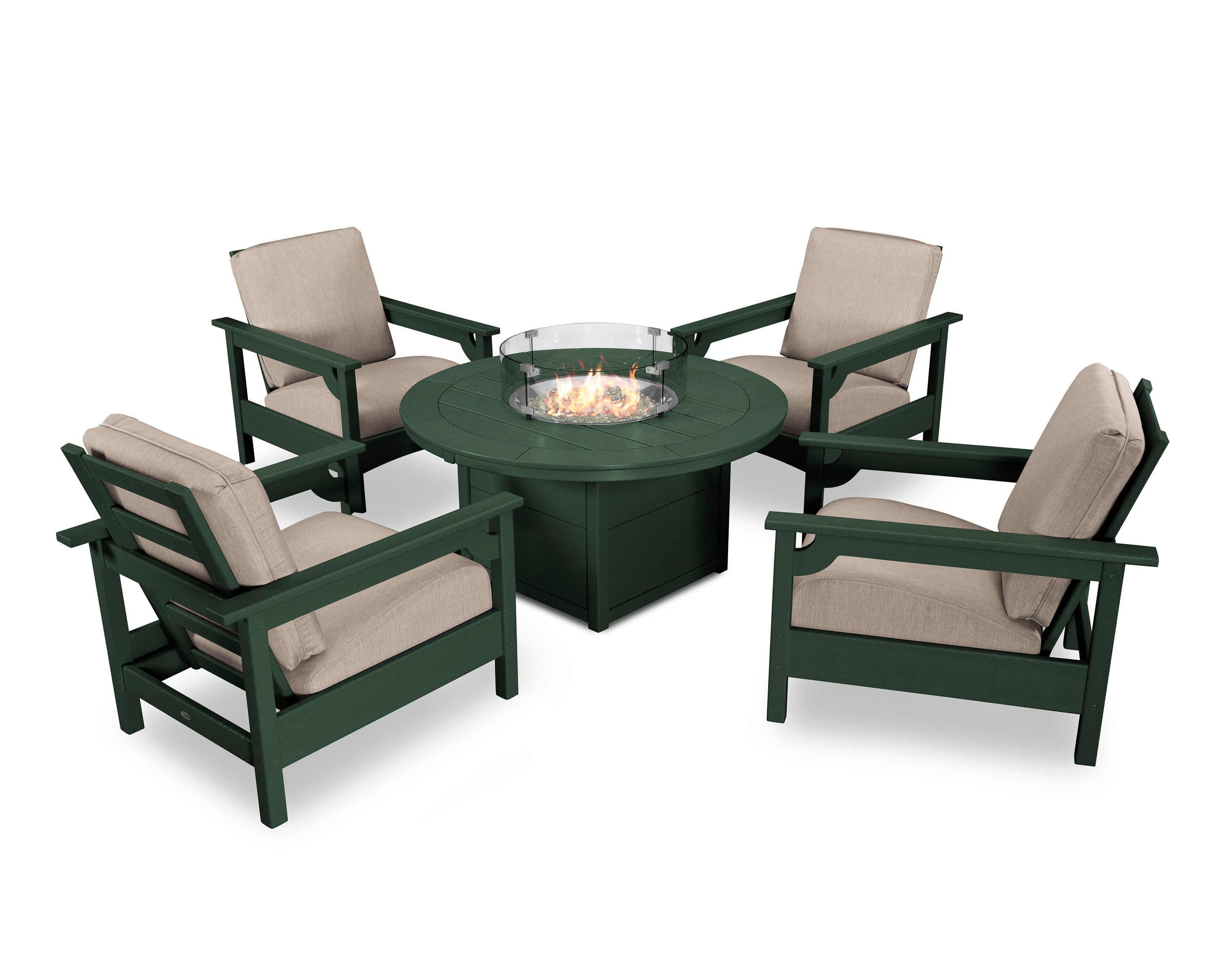 POLYWOOD Club 5-Piece Conversation Set with Fire Pit Table in Green / Cast Ash