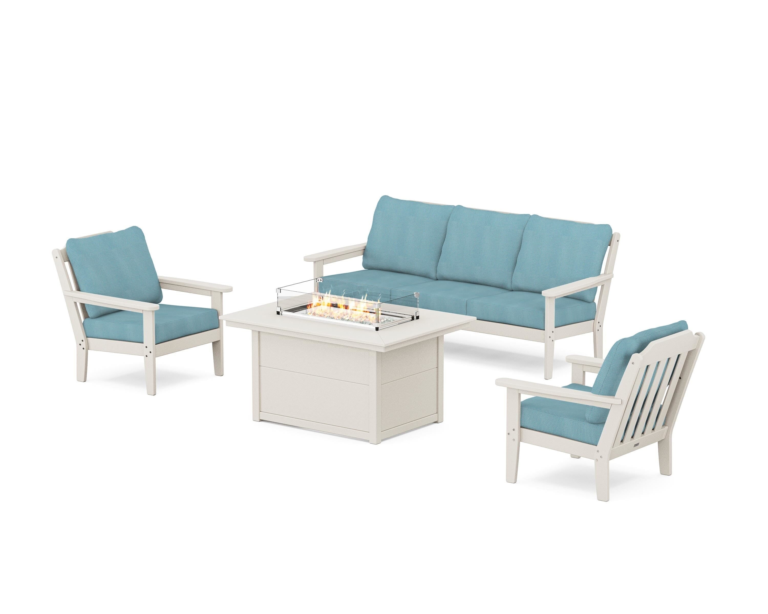 Country Living Cottage Deep Seating Fire Pit Table Set in Sand / Lattice Sky Blue