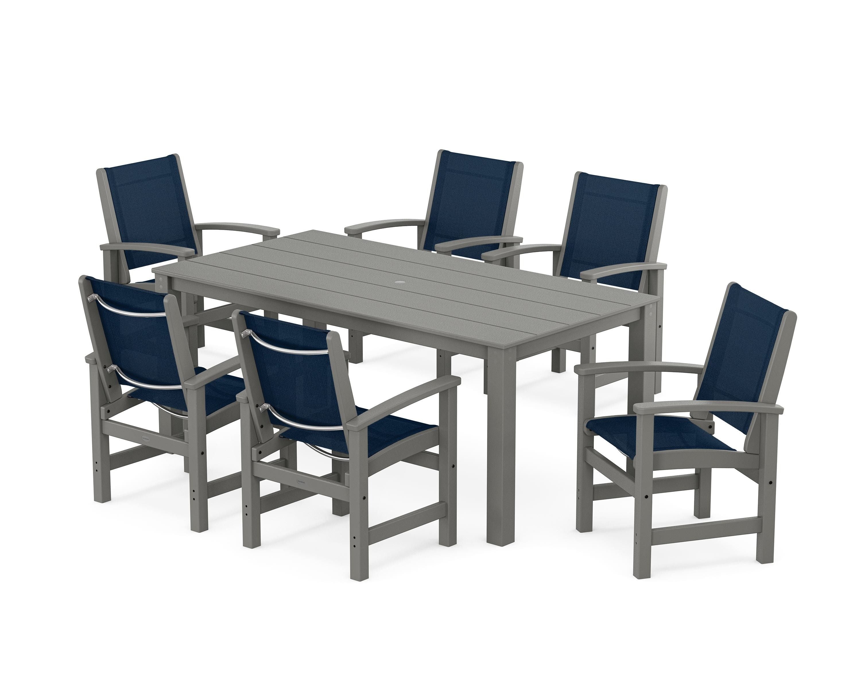 POLYWOOD Coastal 7-Piece Parsons Dining Set in Slate Grey / Navy Blue Sling