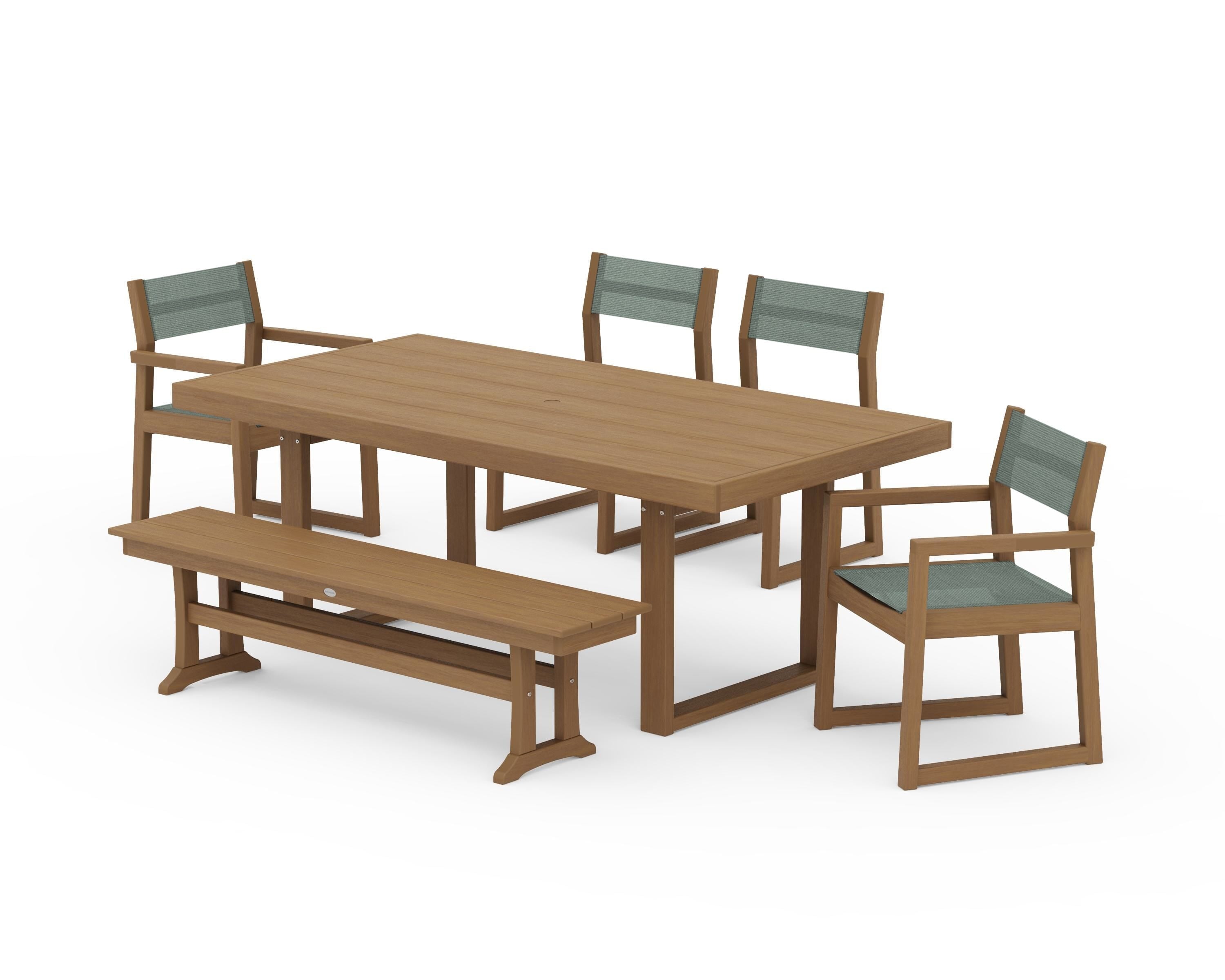 POLYWOOD EDGE Sling 6-Piece Dining Set with Bench in Natural / Dupioni Sea Mist Sling