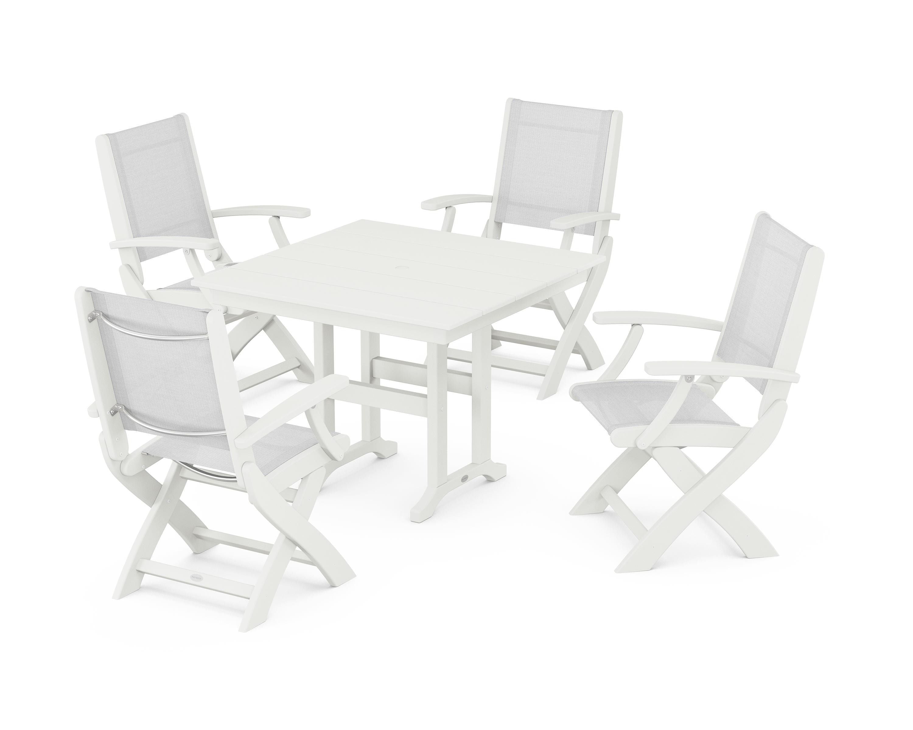 POLYWOOD Coastal Folding Chair 5-Piece Farmhouse Dining Set in Vintage White / White Sling