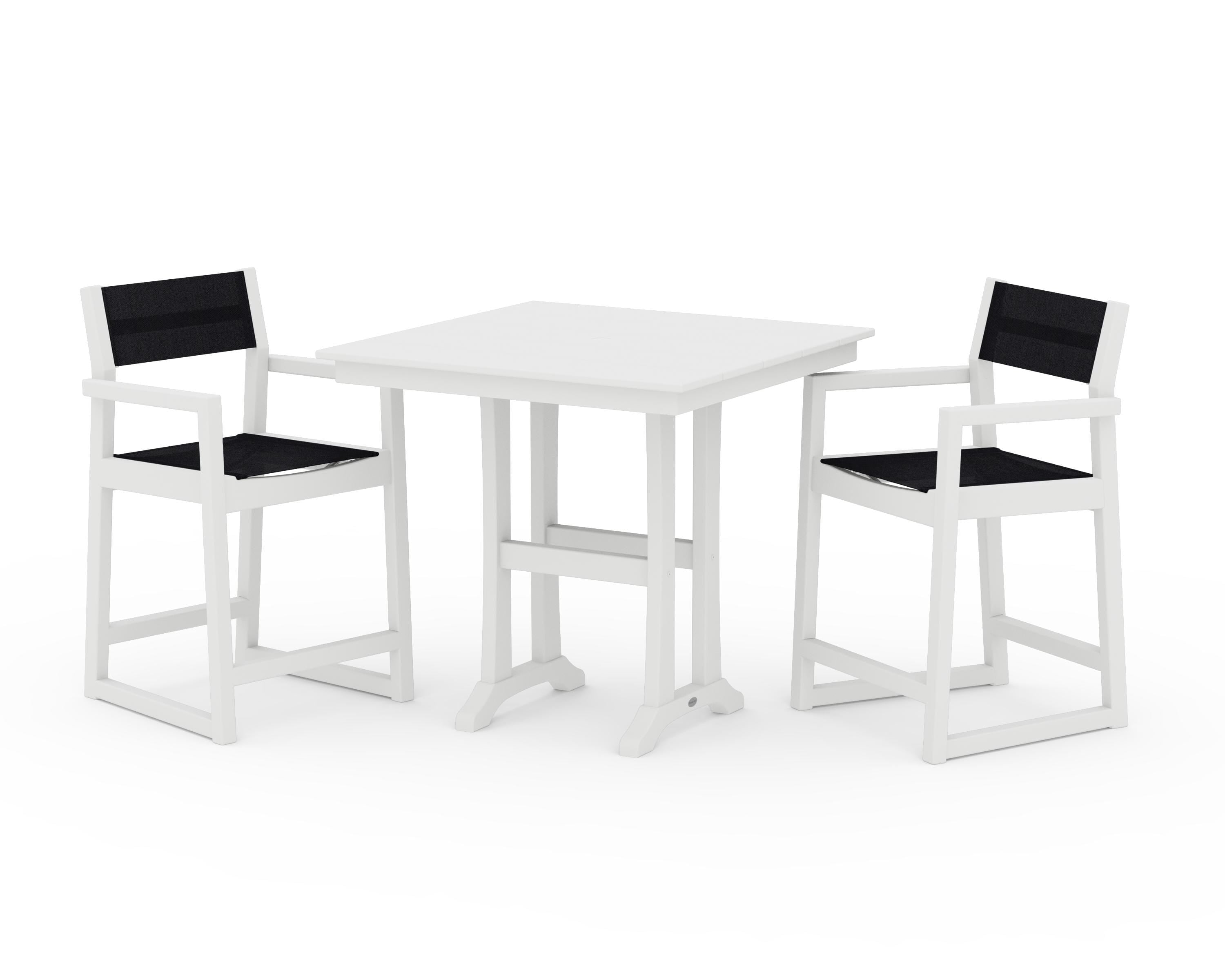 POLYWOOD EDGE Sling Arm Chair 3-Piece Farmhouse Counter Set with Trestle Legs in White / Black Sling
