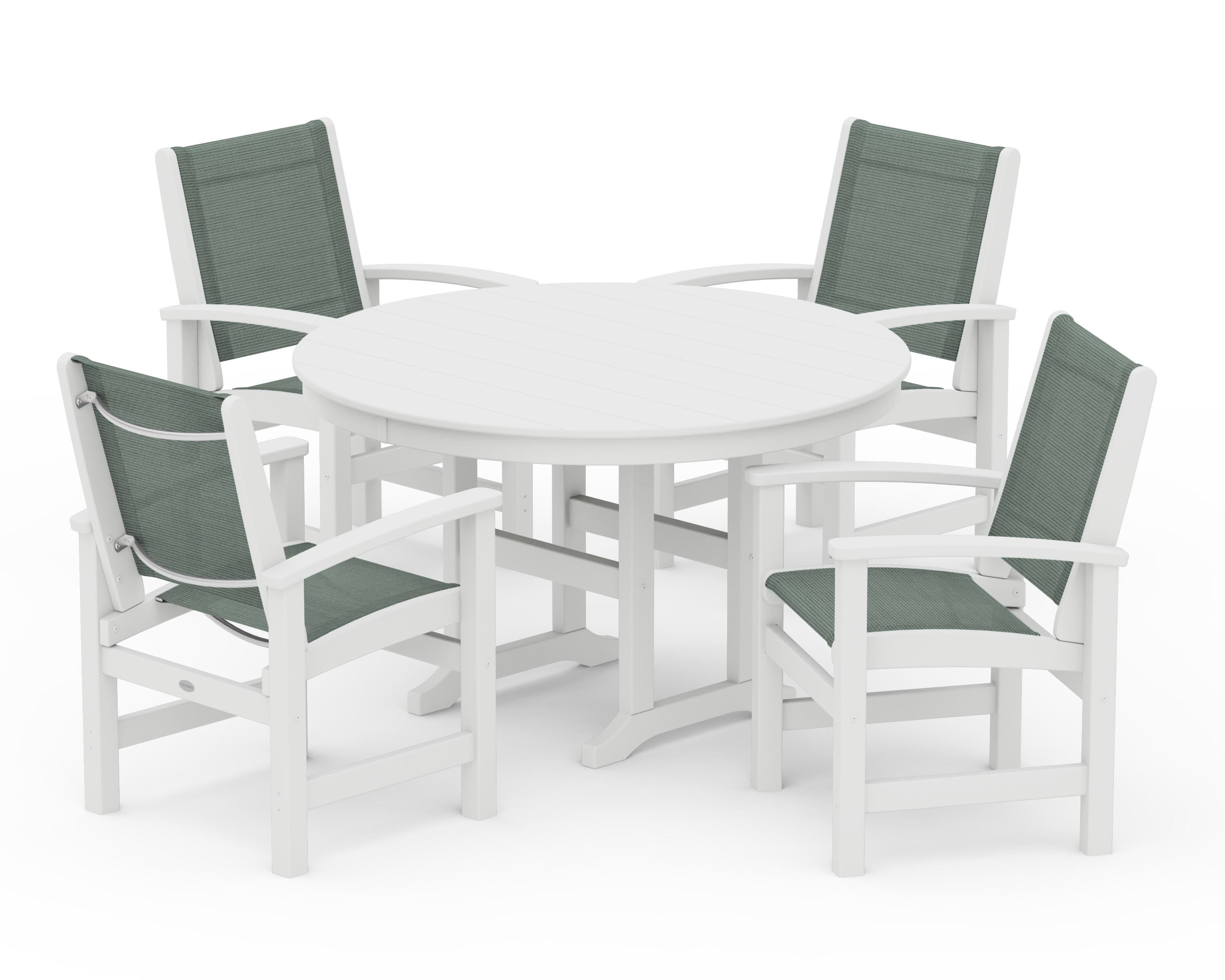 POLYWOOD Coastal 5-Piece Round Farmhouse Dining Set in White / Dupioni Sea Mist Sling