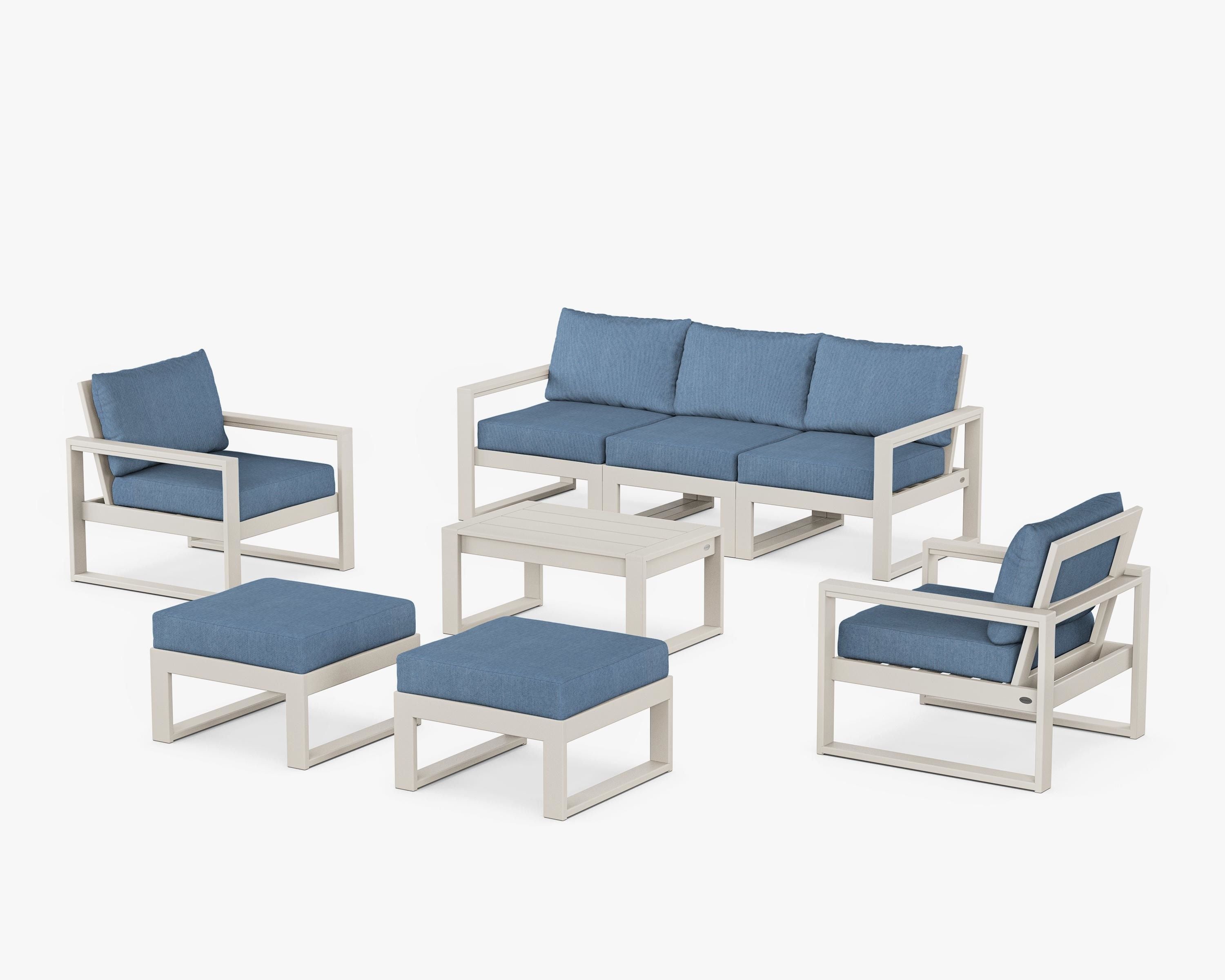 POLYWOOD EDGE Sectional 8-Piece Lounge Sofa Set in Sand / Sky Blue