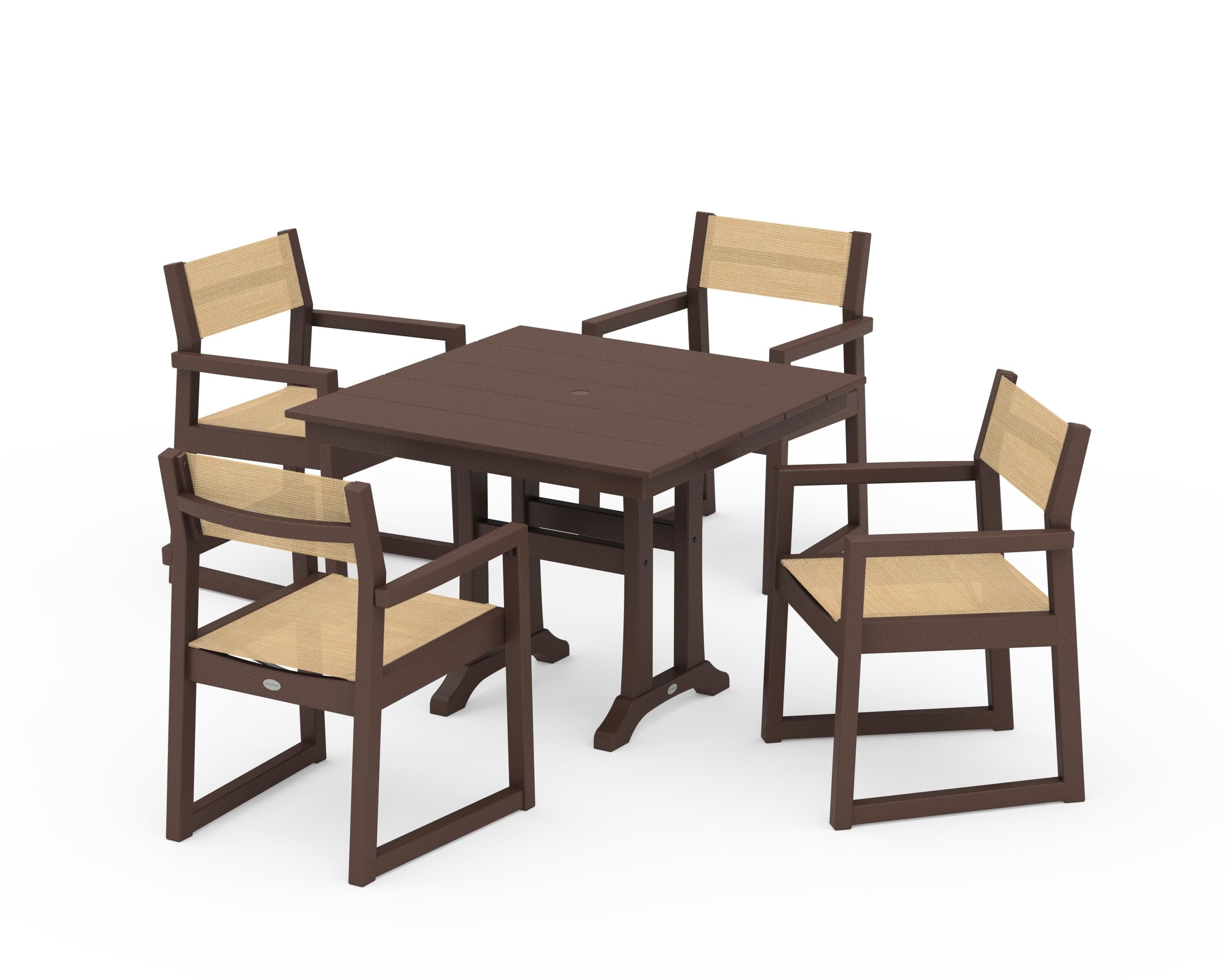 POLYWOOD EDGE Sling 5-Piece Farmhouse Dining Set with Trestle Legs in Mahogany / Dupioni Apricot Sling
