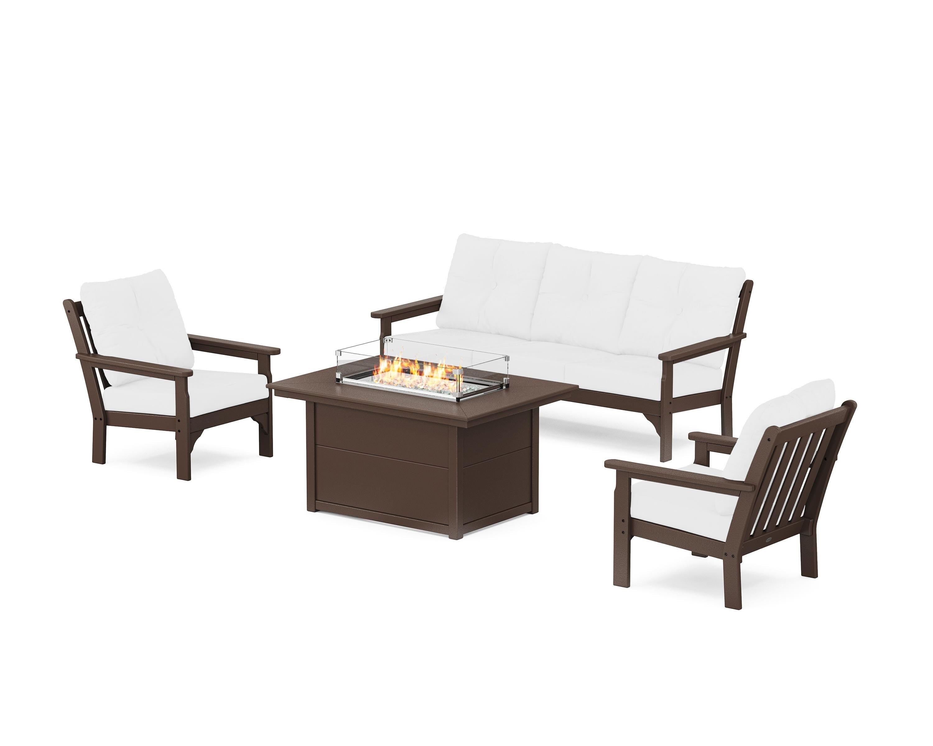 POLYWOOD Vineyard Deep Seating Fire Pit Table Set in Mahogany / Natural