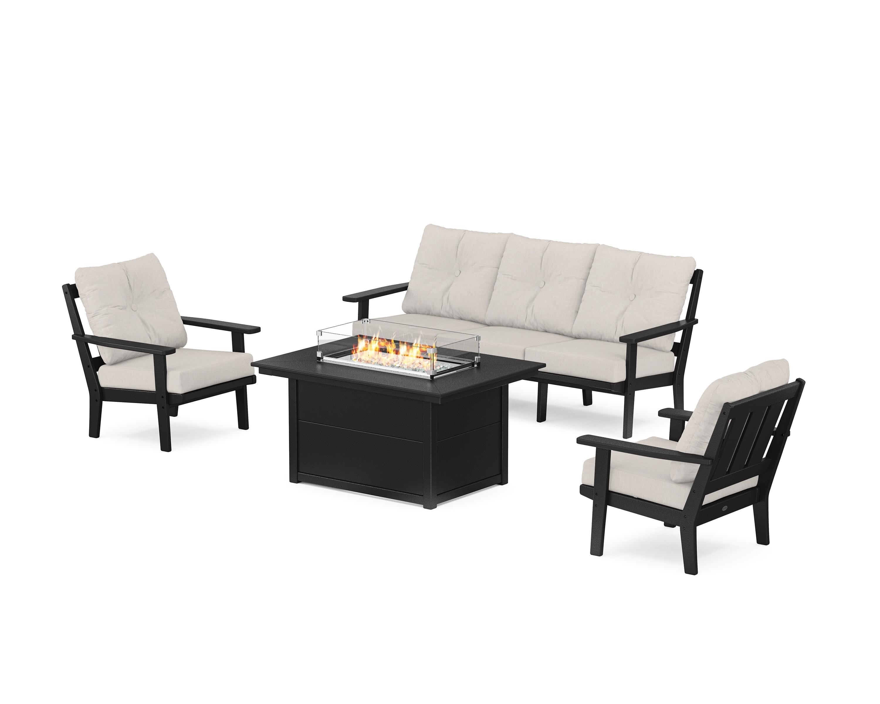POLYWOOD Oxford Deep Seating Fire Pit Table Set in Black / Cast Ash