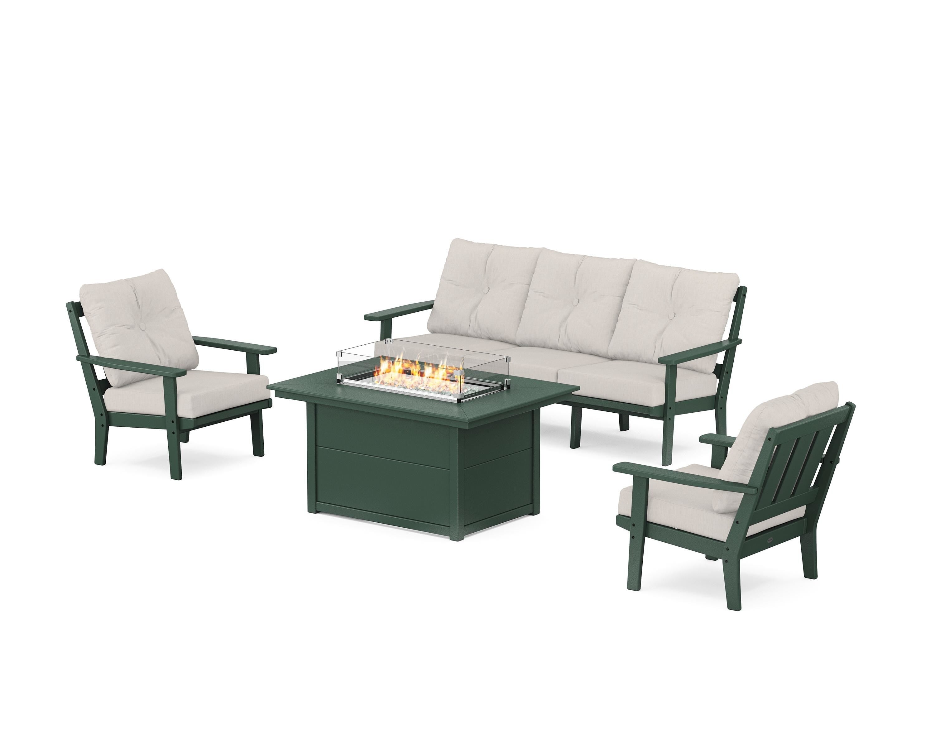 POLYWOOD Oxford Deep Seating Fire Pit Table Set in Green / Cast Ash