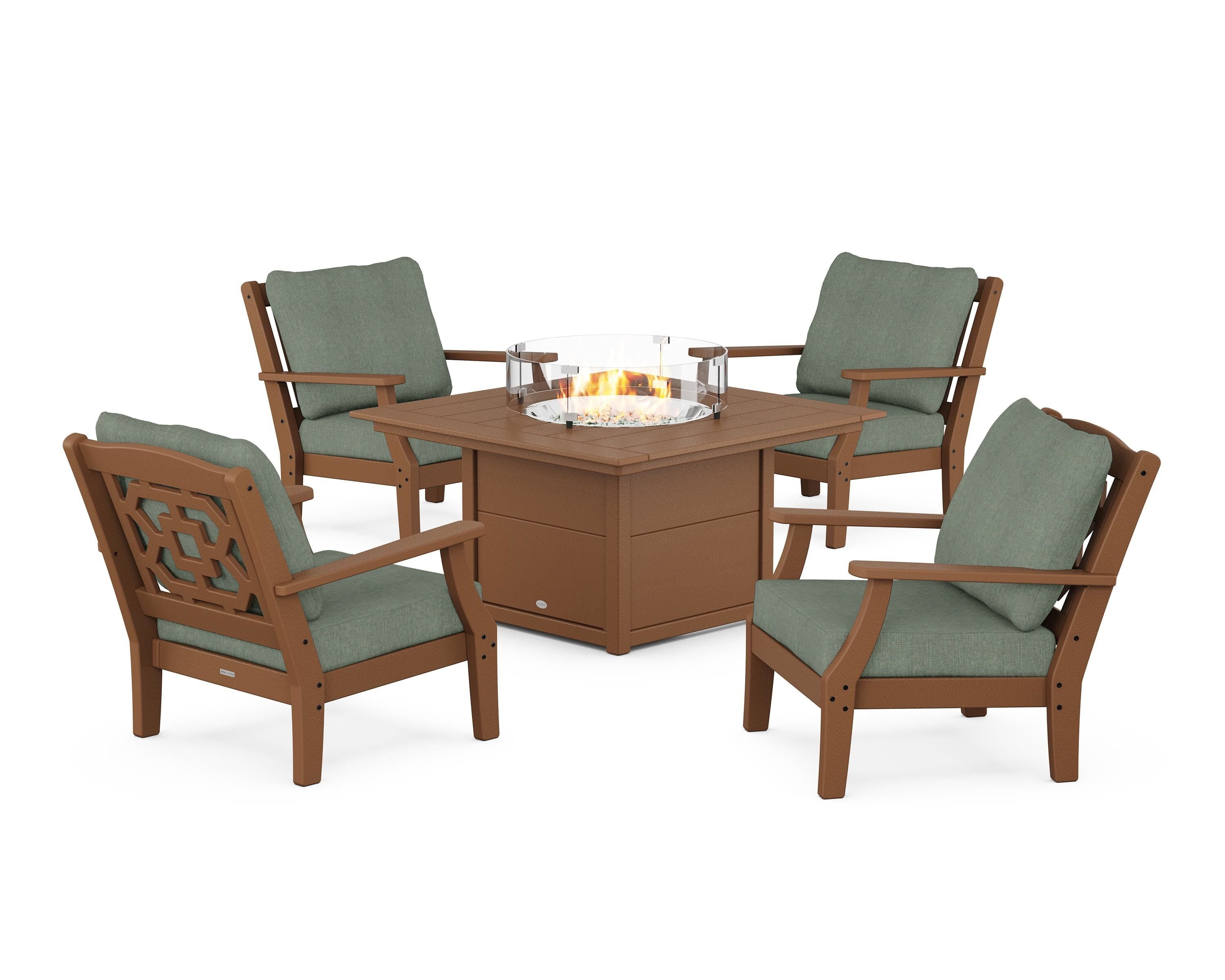 Martha Stewart by POLYWOOD Chinoiserie 5-Piece Deep Seating Set with Fire Pit Table in Teak / Cast Sage