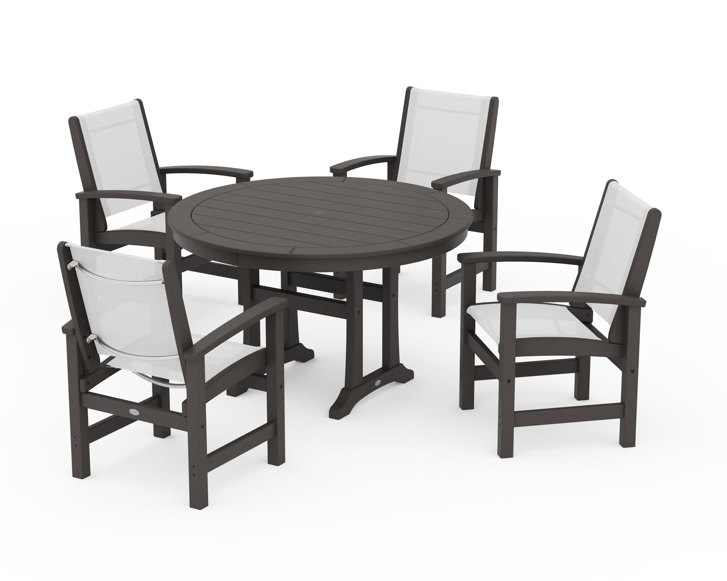 POLYWOOD Coastal 5-Piece Round Dining Set with Trestle Legs in Vintage Coffee / White Sling