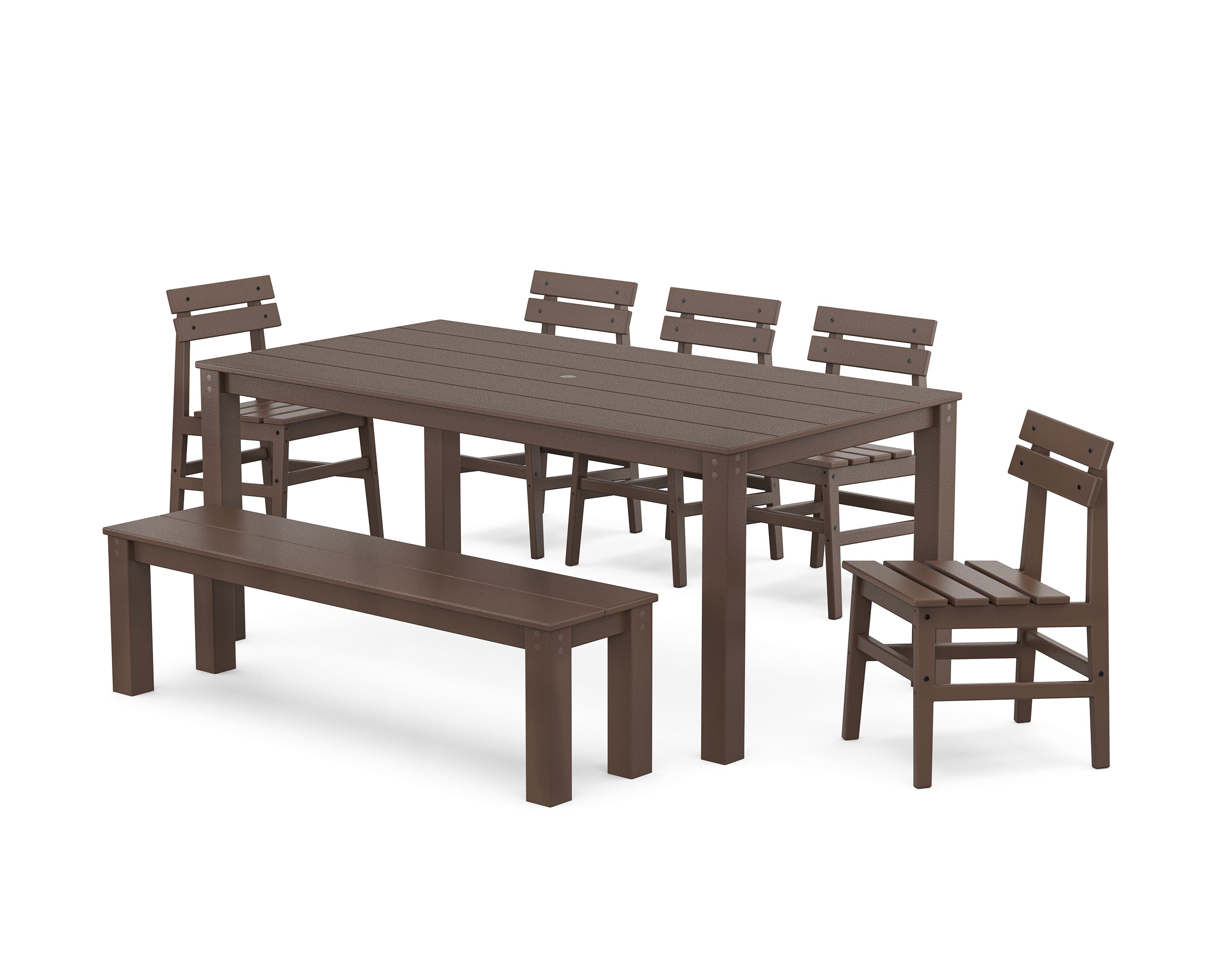 POLYWOOD® Modern Studio Plaza Chair 7-Piece Parsons Dining Set with Bench in Mahogany