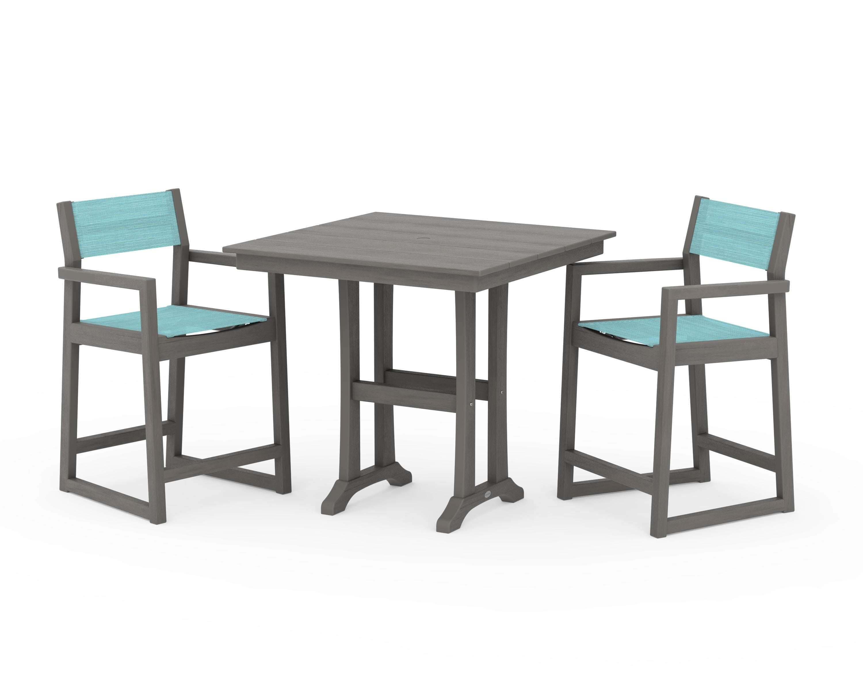 POLYWOOD EDGE Sling Arm Chair 3-Piece Farmhouse Counter Set with Trestle Legs in Driftwood / Dupioni Aquamarine Sling