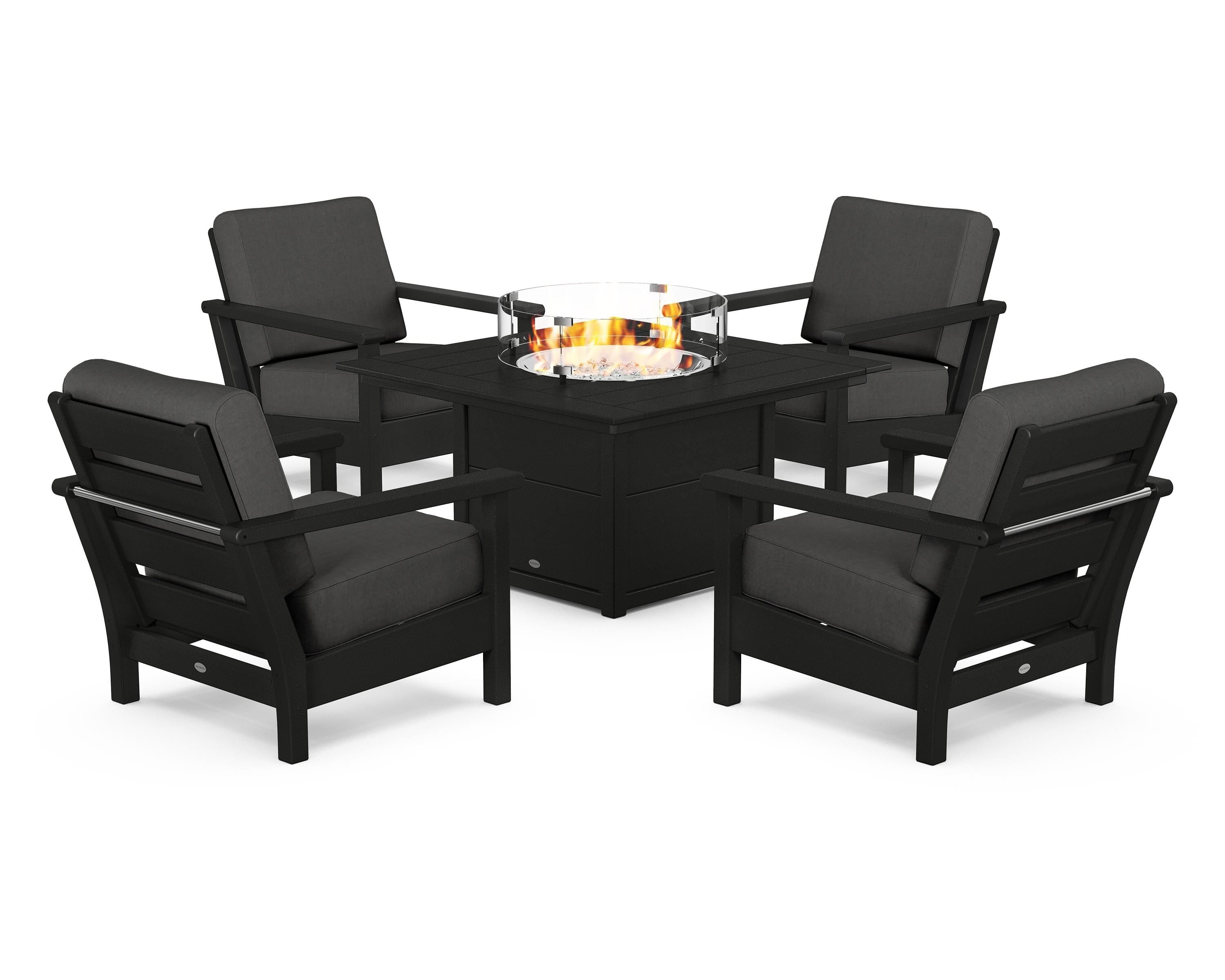 POLYWOOD Harbour 5-Piece Conversation Set with Fire Pit Table in Black / Spectrum Carbon
