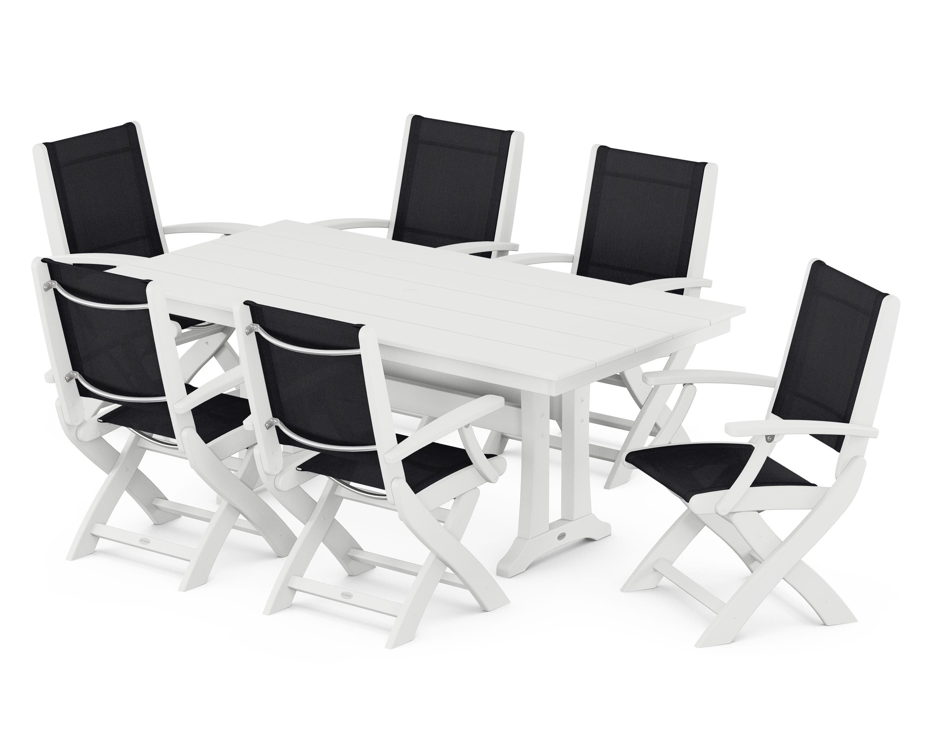 POLYWOOD Coastal Folding Arm Chair 7-Piece Farmhouse Dining Set with Trestle Legs in White / Black Sling