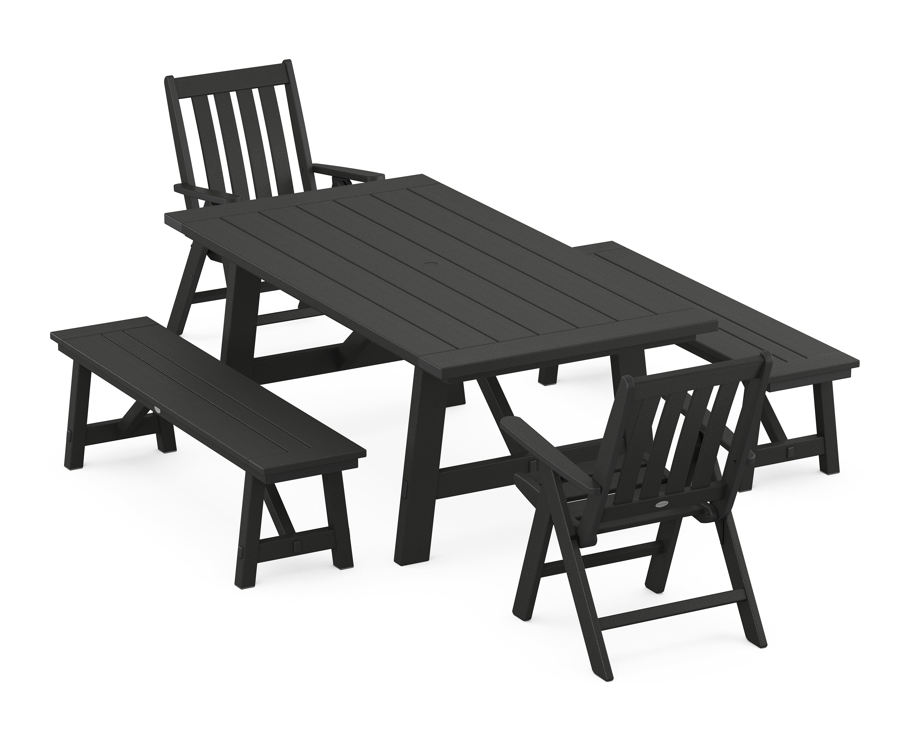 POLYWOOD® Vineyard Folding Chair 5-Piece Rustic Farmhouse Dining Set With Benches in Black
