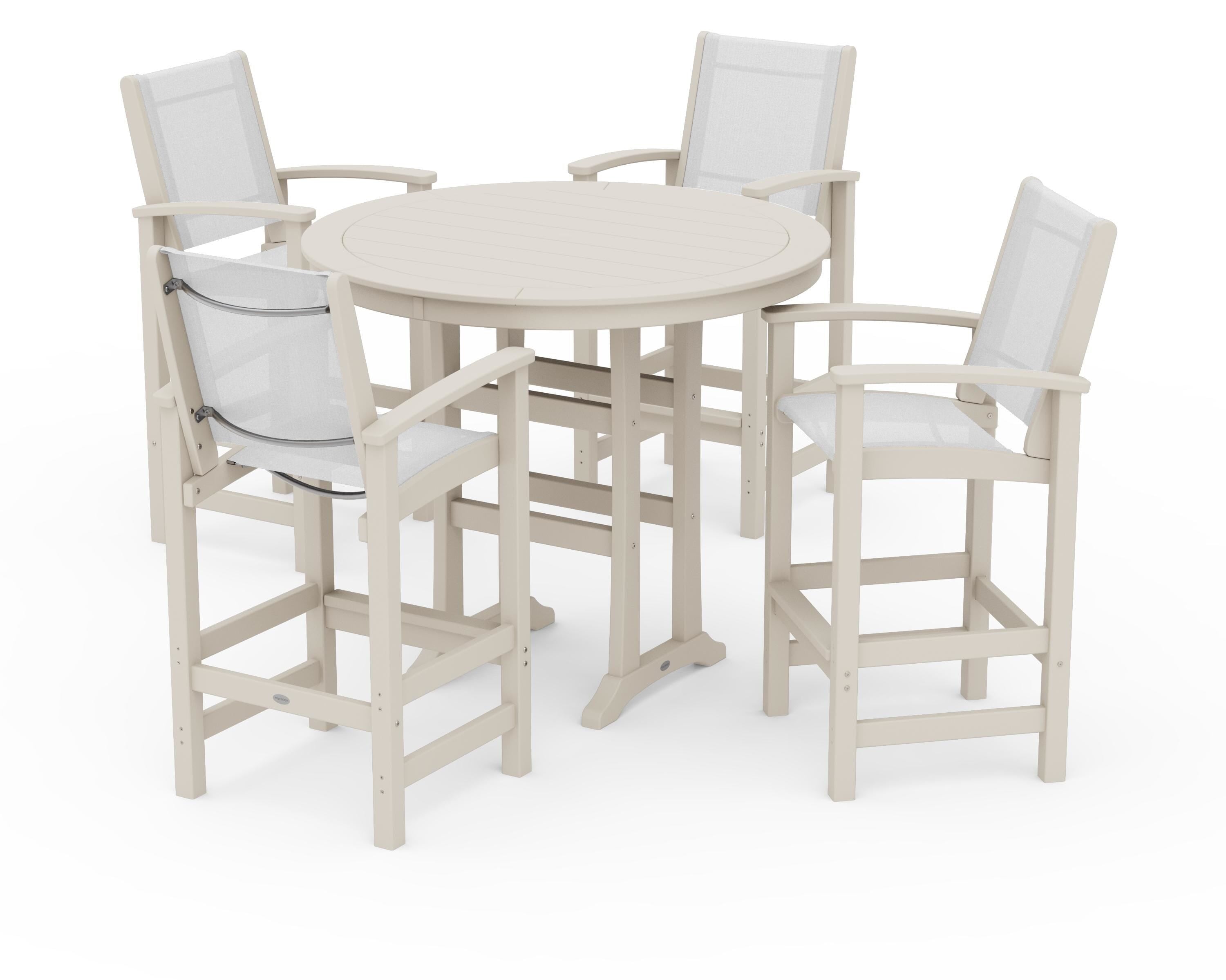 POLYWOOD Coastal 5-Piece Nautical Trestle Bar Set in Sand / White Sling