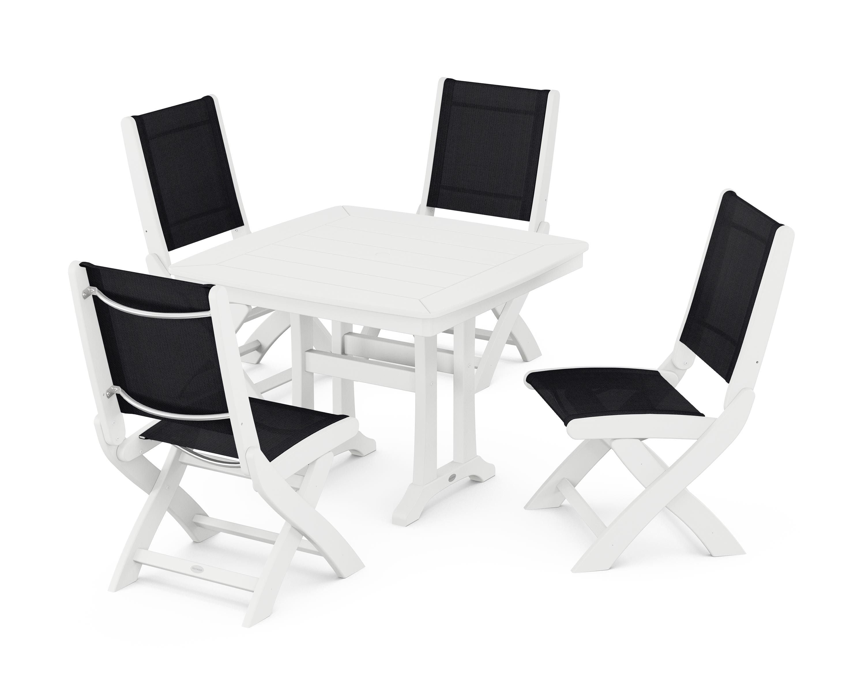 POLYWOOD Coastal Folding Side Chair 5-Piece Dining Set with Trestle Legs in White / Black Sling