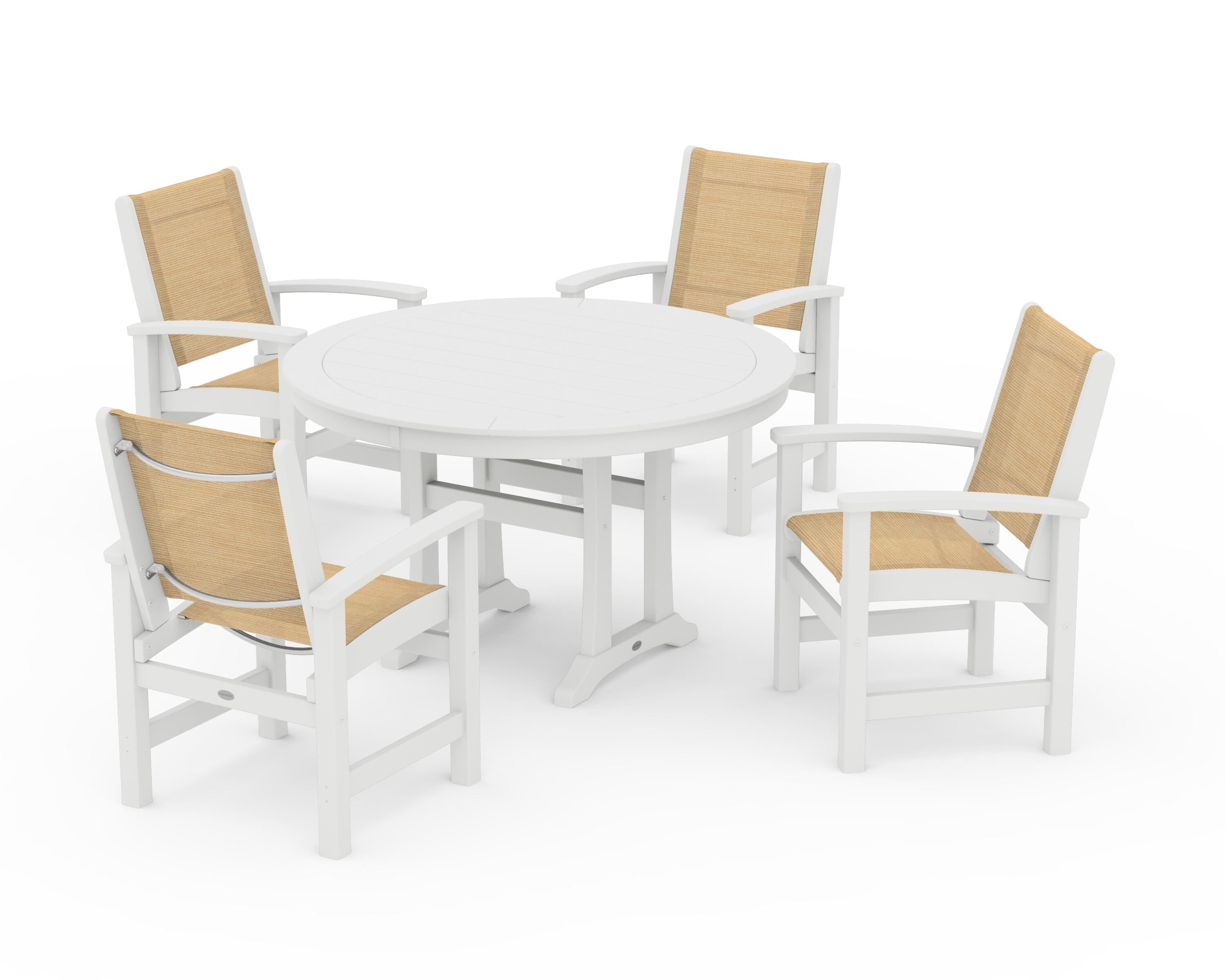 POLYWOOD Coastal 5-Piece Round Dining Set with Trestle Legs in White / Dupioni Apricot Sling