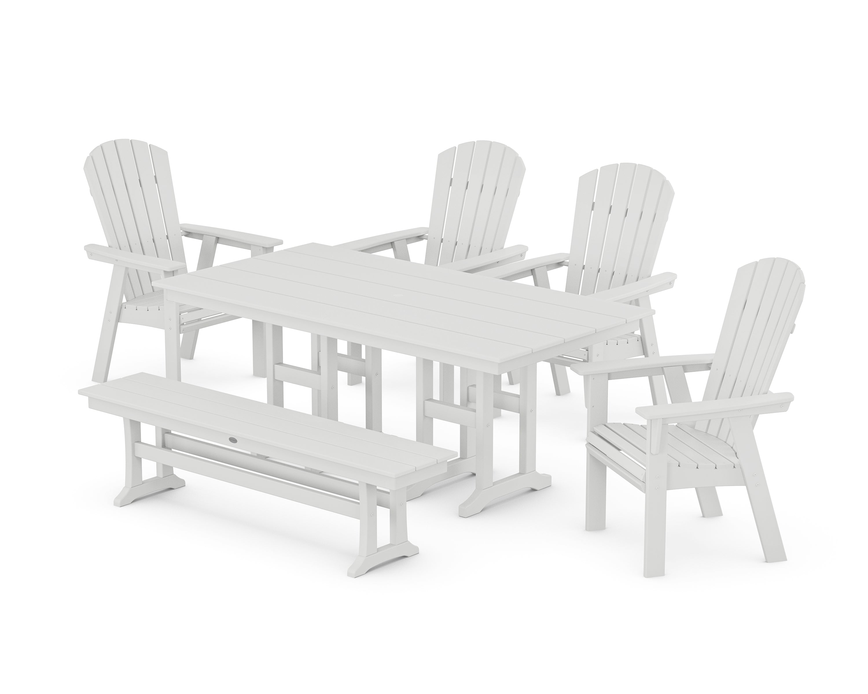 POLYWOOD Nautical Curveback Adirondack 6-Piece Farmhouse Dining Set with Bench in White