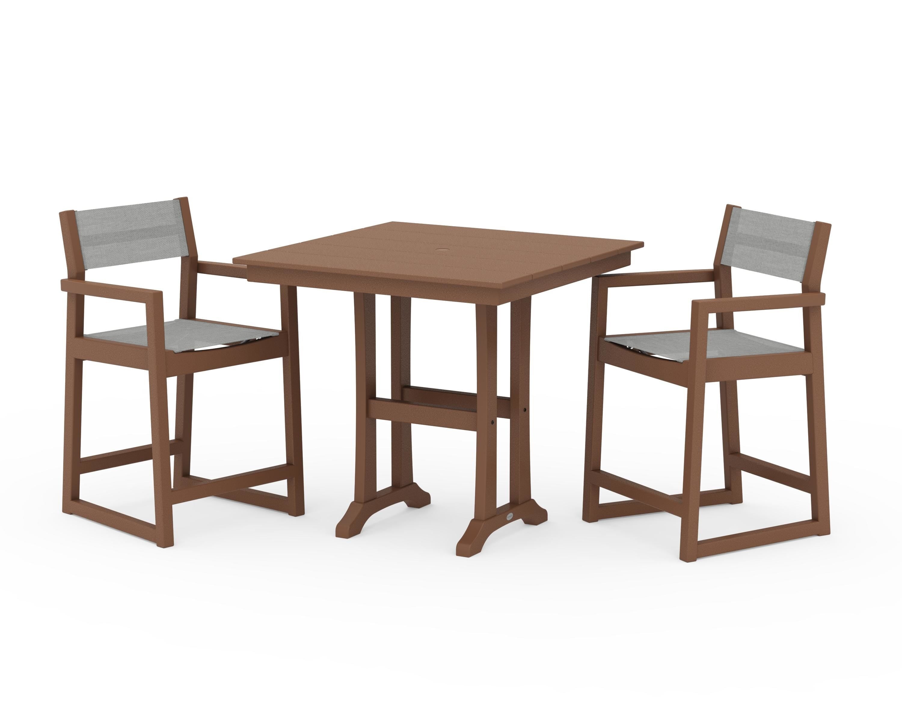 POLYWOOD EDGE Sling Arm Chair 3-Piece Farmhouse Counter Set with Trestle Legs in Teak / Metallic Sling