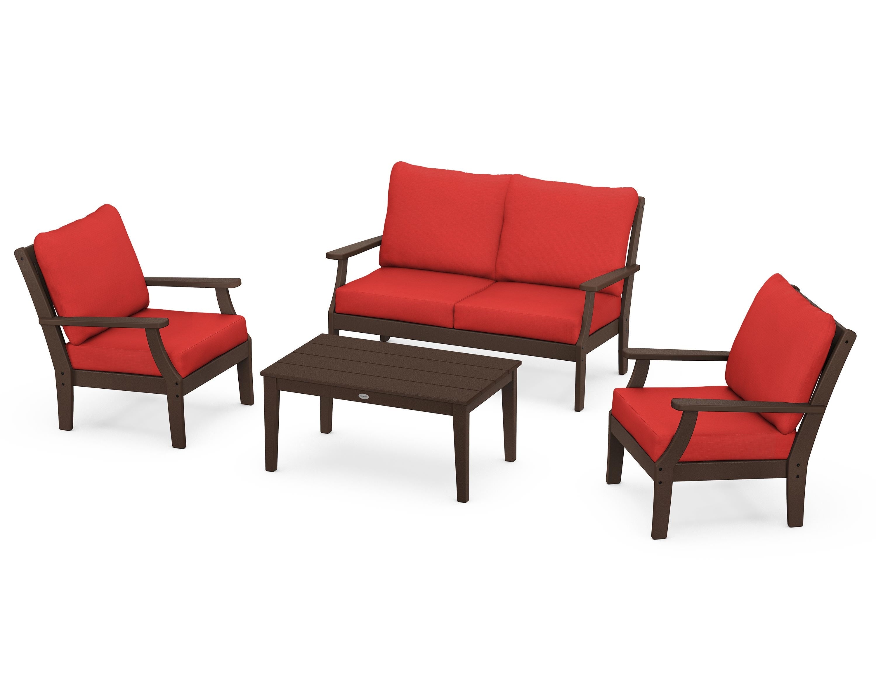 POLYWOOD Braxton 4-Piece Deep Seating Chair Set in Mahogany / Crimson Linen