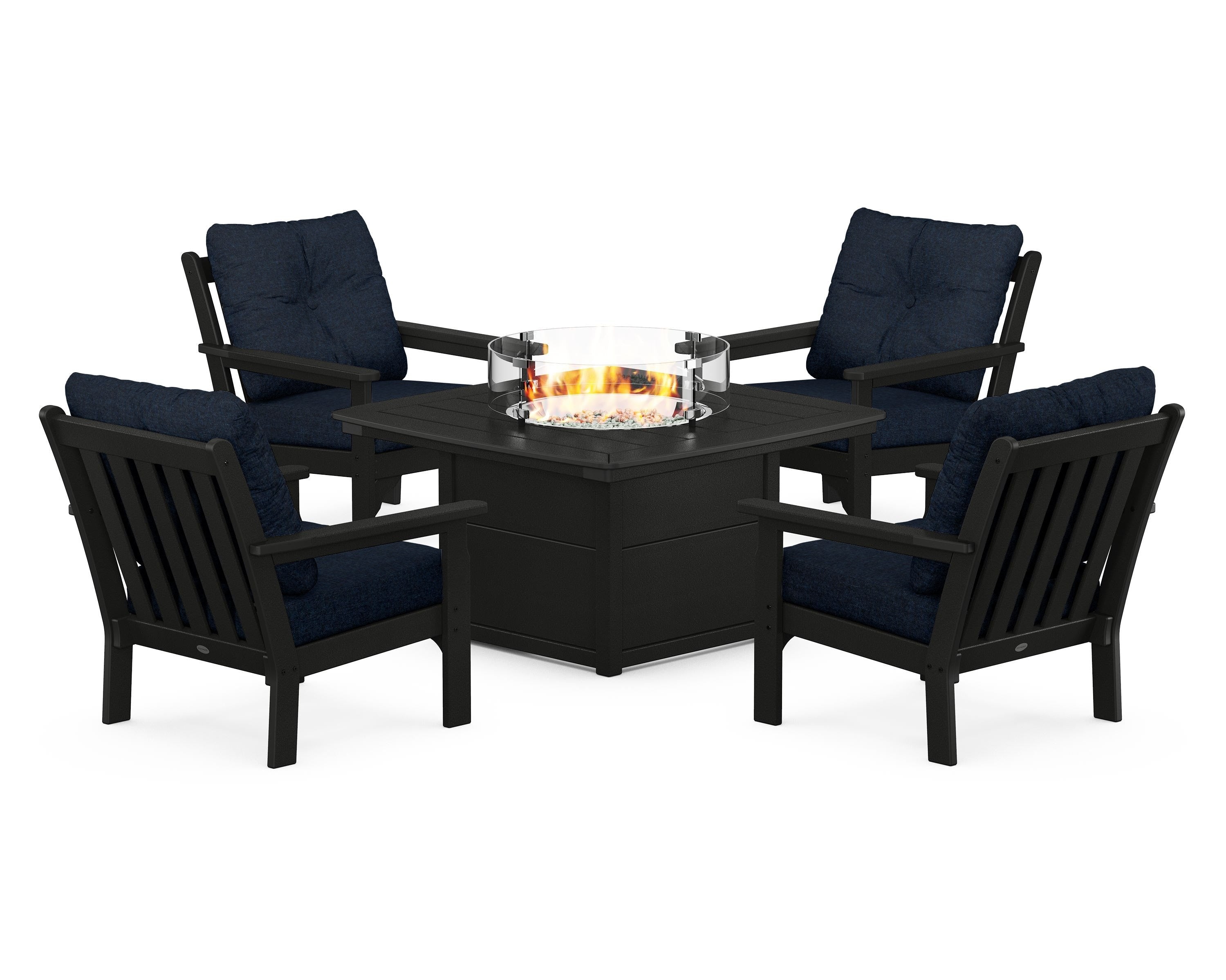 POLYWOOD Vineyard 5-Piece Conversation Set with Fire Pit Table in Black / Marine Indigo