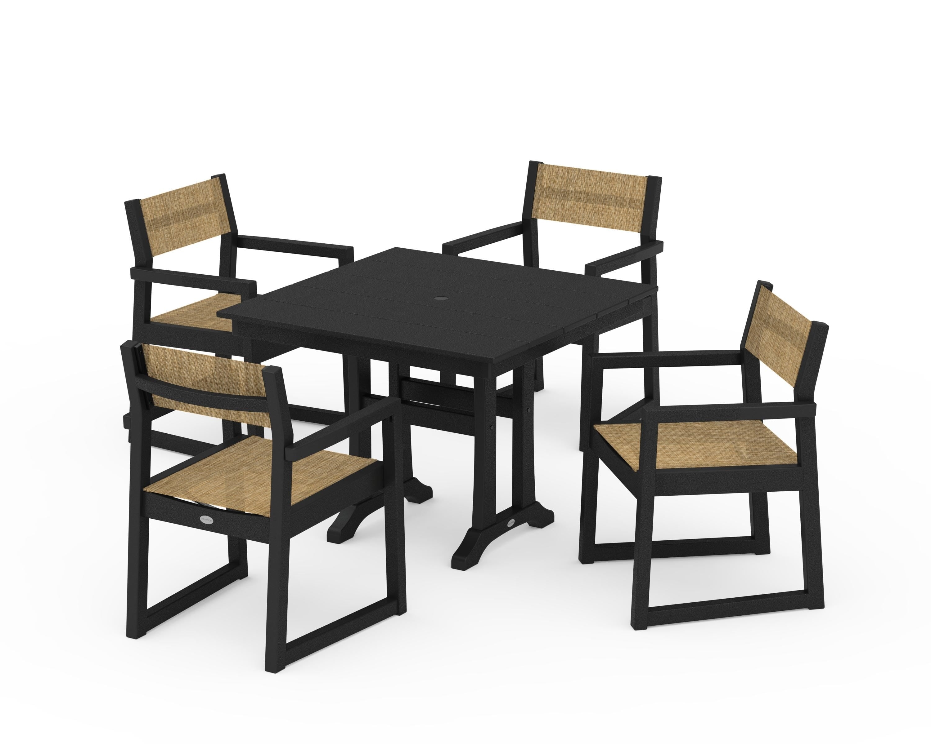 POLYWOOD EDGE Sling 5-Piece Farmhouse Dining Set with Trestle Legs in Black / Burlap Sling